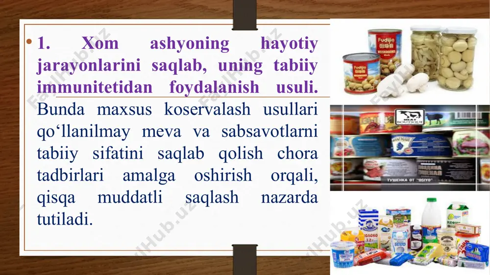 svch ning qo‘llanilishi uskunaning murakkabligi va xaroratni nazorat qilishning mushkulligi tufayli keng tarqalmagan. -ultra binafsha nurlar (260 nm) bilan ishlov berish imkoniyati chegaralangan bo‘lib, ultra binafsha nurlar mahsulotning faqat yuzasidagi mikroorganizmlarni zararsizlantiradi. bu usul 3-50c xaroratda saqlanayotgan go‘shtning sifatini yana ham yaxshi saqlab qolish imkonini bermoqda. meva konservalari quyidagi turlarga bo‘linadi: kompotlar, meva sharbatlari va murabbolar. kompotlar butun yoki to‘g‘ralgan mevalardan shakar sharbati quyib tayyorlanadi. shakar sharbatining konsentratsiyasi 30-60% li bo‘lishi mumkin. kompot tayyorlash uchun ayrim mevalarga (olcha, gilos, o‘rik) birlamchi ishlov berilmasa, olxo‘ri olma, nok blanshirovka (5-10 minut 80-900c xaroratli issiq suvda yoki 0,1% li limon kislotasi eritmasida) qilinadi. bu mevalarning qorayishi va kompotning xiralashishini oldini oladi. meva sharbatlari (soklar) tabiiy siqib olingan yoki maydalangan meva etiga shakar sharbati qo‘shib tayyorlanadi. tabiiy sharbatlar faqat filtrlanadi, 80-850c xaroratda pasterizatsiyalanadi va germetik idishga qadoqlanadi. tabiiy sharbatlardan filtrlangan, tiniq uzum sharbatini ishlab chiqarish ancha murakkab. chunki uning tarkibida vinokislotasining nordon kaliyli tuzi …