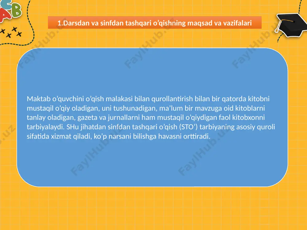 o’rsatadilar, ikki-uch o’quvchi o’zlari o’qigan kitob haqida gapirib beradi, darsda o’zaro fikr almashish holati yaratiladi (bu holat darsdan tashqpri vaqtda ham davom etishi mumkin). 2. har bir darsda o’qish uchun yangi kitob (asar)lar tavsiya qilinadi. tavsiya qilish shakllari turlicha bo’lib, ular fikr almashuv, kitobni ko’rsatish, sinfda ko’rgazma tashkil etish, o’quvchilarni qiziqtirish uchun tavsiya qilinadigan kitobdan biror parchani o’qib berish, rasmlarni ko’rsatish yoki filьm namoyish etishdan iborat bo’lishi mumkin. 3. har bir darsda o’quvchilarga asarni yaxlit holda o’qitish mumkin. agar asar hajmi kattaroq bo’lsa, bu ish ikki-uch dars davomida amalga oshiriladi. bunda o’quvchilar o’zlari o’qigan kitobdan biror parchani ovoz chiqarib o’qib berishlari mumkin. bu jarayonda ichda o’qishdan ham, she’r yodlashdan ham, rollarga bo’lib o’qishdan ham foydalaniladi. sinfdan va maktabdan tashqari ishlarning tarbiyaviy ta`siri ko’p darajada o’quv jarayonini tashkil etish saviyasiga hamda o’quvchilar jamoasininig xilma -xil ishlarni qanday yo’lga qo’yishlariga bog`liqdir. sinfdan tashqari faoliyat majburiy dastur bilan chegaralanmaydi, balki yoshlar har xil …