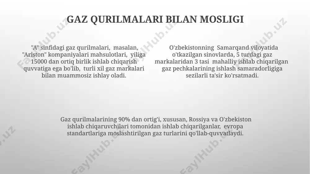 shoxobchalar ko'proq ishonchli bo'lishi mumkin. gaz sotib olayotganda, uning okta soniga (masalan, ron 95 yoki ron 92) e'tibor bering, chunki bu yoqilg'ining sifatini va avtomobilingiz dvigateliga ta'sirini aniqlaydi. o'zbekistonning turli hududlarida gaz sifatlari farq qilishi mumkin. gazning tarkibida suv va boshqa aralashmalar miqdori uning yonish samaradorligiga ta'sir qiladi. shu sababli, 10% dan yuqori aralashma miqdori bo'lgan gazdan foydalanmaslik tavsiya etiladi. narx va sifat nisbati andijon viloyatida so‘ralgan 300 ta oiladan 65%i “s” markali gazni boshqa markalarga nisbatan ancha arzon va sifatli deb hisoblaydi. toshkent shahrida o‘tkazilgan tadqiqotga ko‘ra, 500 nafar respondentning 70%i “b” markali gazning narx-sifat nisbatini qoniqarli deb baholagan. o‘zbekiston bozorida 2023-yil ma’lumotlariga ko‘ra, “narx va sifat nisbati” bo‘yicha eng yaxshi 3 ta gaz markasi orasida “a” markasi 85% mijozlarning ijobiy bahosini olgan. eng yaxshi gaz brendlarini tanlash narxni hisobga olgan holda, 12 kg va 50 kg hajmdagi gaz ballonlarining bir kubometrga narxini hisoblab, quyidagi 5 ta turli brendni …