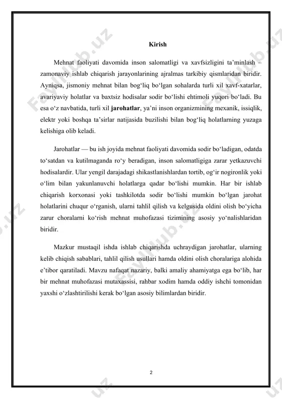 ing zararlanishi yoki organizm funksiyalarining buzilishi bilan kechadi. jarohat turlari har xil bo‘lib, ular yuzaga kelish sababi, ta’sir etuvchi omil turi, organizmga ko‘rsatgan ta’siri va darajasiga ko‘ra tasniflanadi. jarohatlarning yuzaga kelishida asosiy omil — bu xavfsizlik qoidalariga rioya qilinmasligi, texnika vositalaridan noto‘g‘ri foydalanish, mehnat sharoitlarining nosozligi, inson omilining beparvoligi yoki charchoq, befarqlik, hushyorlikning susayishi kabi omillar sanaladi. ishlab chiqarish, transport, qurilish, kimyo, metallurgiya, qishloq xo‘jaligi, sog‘liqni saqlash tizimi kabi sohalarda jarohatlar ko‘proq uchraydi. ayniqsa, og‘ir texnikalar, yuqori harorat yoki bosim ostida ishlanadigan jarayonlarda xavf darajasi yuqori bo‘ladi. jarohatlarning kelib chiqish sabablari turli xil bo‘lishi mumkin. ular orasida eng ko‘p uchraydiganlari quyidagilardir: · mexanik jarohatlar – yiqilish, urilish, siqilish, kesilish, teshib o‘tish kabi holatlar natijasida yuzaga keladi. ko‘pincha ishlab chiqarish maydonlarida, qurilish ob’ektlarida yoki yo‘l-transport vositalari ishtirokidagi hodisalarda uchraydi. · issiqlik jarohatlari – kuyishlar (olov, issiq buyum, bug‘, suyuqlik bilan), sovuqdan shikastlanishlar (muzlash) va boshqa termik ta’sirlar bilan bog‘liq. · elektr …