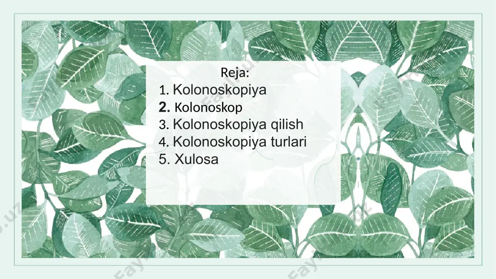 malarni olib tashlash va 5 mm gacha bo'lgan o'lchamdagi lezyonlarni aniqlash kabi terapevtik manipulyatsiyalarga imkon bermaydi . yo'g'on ichak teshilishining oldini olish uchun faol yarali kolit yoki kron kasalligi bo'lgan bemorlarga kolonoskopiya tavsiya etilmaydi 7 optik tolali endoskopik kolonoskop 8 kolonoskop uzun, ingichka va moslashuvchan vosita bo'lib, kolon va rektumni vizual tekshirish uchun anusga kiritiladi. raqamli fotosuratchi va yorug'lik manbai o'rnatilgan bo'lib, kolonoskopiya deb ataladigan umumiy diagnostik jarayonni bajarish uchun ishlatiladi kolonoskop kolorektal saratonni baholash va oldini olish uchun oldingi vosita hisoblanadi. agar kolonoskopiya jarayonida shifokor polip deb ataladigan to'qimaning g'ayritabiiy o'sishi bilan aniqlansa , u odatda kolonoskopni keyingi tekshirish uchun olib tashlash uchun ishlatadi. ko'pgina poliplar yaxshi xulqli bo'lsa-da, ularning ba'zilari kattalashgan (saraton) kasalliklarini ko'paytiradi. polipni olib tashlash uchun shifokor bir vaqtning o'zida polipni eksizatsiya qilish va jarohatni kesish uchun tuzoqqa ildiz sifatida tanilgan kolonoskopda elektr biriktiruvchi foydalanadi. ichaklardagi oz sonli nerv bitmalari bo'lgani uchun bu jarayon nisbatan og'riqsizdir. …
