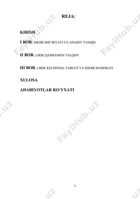 anishlar davri boshlandi, ammo mafkuraviy tazyiq bosimi to‘xtamadi. bu davrda adabiyot ostonasiga qadam bosgan yangi avlod ijodida mavjud muhit ta’siri aniq seziladi. ayni chog‘da, ushbu davr avlodi o‘zbek adabiyotiga yangi ko‘rinishdagi she’riyat namunalarini ham tuhfa etishdi. bu kabi yangiliklar ushbu avlod ijodi, ularning asarlariga xos xususiyatlarni ilmiy-nazariy jihatdan maxsus tadqiq qilishni talab etadi. bunday ilmiy tadqiqot, bir tomondan, davr adabiyotining umumiy tarixiy manzarasini, ikkinchi tomondan, har bir ijodkorning o‘ziga xosligini, adabiyot rivojiga qo‘shgan hissasini aniqlashga yordam beradi. shu jihatdan, o’zbek she’riyatining yorqin namayondalaridan biri, iste’dodli shoir shavkat rahmon she’riyatining o’ziga xosliklarini taglil qilish orqali, shoir she’riyatidagi lirik qahramon va kechinmalar ifodasini ko’rsatishdan iboratdir. tadqiqotning maqsad va vazifalari. shavkat rahmon she’riyati misolida zamonaviy o‘zbek she’riyatida estetik ideal, lirik qahramon va kechinma tabiati, uning poetik tasviri kabi masalalarni o‘rganish jarayonida, tanlangan mavzu asosida shoirning ijodiy evalyutsiyasi hamda o‘ziga xos idividal jihatlarni ko‘rsatishdan iborat. tadqiqotning bosh maqsadidan kelib chiqqan holda quyidagi vazifalarni bajarishni …