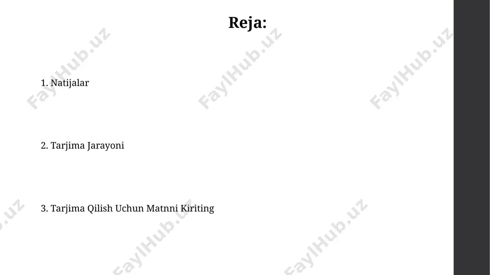 aniqlik va to'g'rilikka erishish uchun kamida 3 ta asosiy usul qo'llaniladi: leksik, grammatik va kontekstual tahlil, bu esa matnning 90% dan ortiq qismini to'g'ri tarjima qilish imkonini beradi. tarjima uchun matnni taqdim etish "tarjima uchun matnni taqdim etish" iborasi turli xil matnlarni, jumladan 3000 so'zdan iborat ilmiy maqolalarni yoki 50 ta so'zdan iborat qisqa xabarlarni tarjima qilish uchun murojaat qilinadi. "tarjima uchun matnni taqdim etish" iborasi 5 so'zdan iborat bo'lib, o'zbekistonning 12 ta viloyatida, jumladan, samarqand va buxoro kabi tarixiy shaharlarda keng qo'llaniladi. tarjima jarayonining bosqichlari o'zbek tiliga tarjima qilingan matn tahriri va korrekturalash jarayoni, o'rtacha 2-3 soatni oladi va natijada 98% aniqlikka erishiladi, xatolar soni esa 1% dan kam bo'ladi. tarjima jarayonining dastlabki bosqichi, ya'ni matn tahlili, 2-3 soat davom etadi va 1000 so'zdan ortiq matnlar uchun toshkentdagi professional tarjimonlar guruhi tomonidan amalga oshiriladi. e'tiboringiz uchun rahmat @taqdimot_robot image1.jpg image2.jpg image3.jpg image4.jpg image5.jpg image6.jpg image7.jpg