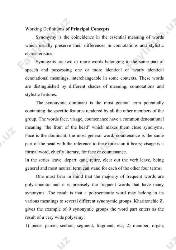 t enters as the result of a very wide polysemy: 1) piece, parcel, section, segment, fragment, etc; 2) member, organ, constituent, element, component, etc; 3) share, portion, lot; 4) concern, interest, participation; 5) allotment, lot, dividend, apportionment; 6) business, charge, duty, office, function, work; 7) side, party, interest, concern, faction; 8) character, role, cue, lines; 9) portion, passage, clause, paragraph. the semantic structures of two polysemantic words sometimes coincide in more than one meaning, but never completely. l. bloomfield and e. nida suppose even that there are no actual synonyms, i.e. forms which have identical meanings. in a great number of cases the semantic difference between two or more synonyms is supported by the difference in valency. an example of this is offered by the verbs win and gain both may be used in combination with the noun victory: to win a victory, to gain a victory. but with the …