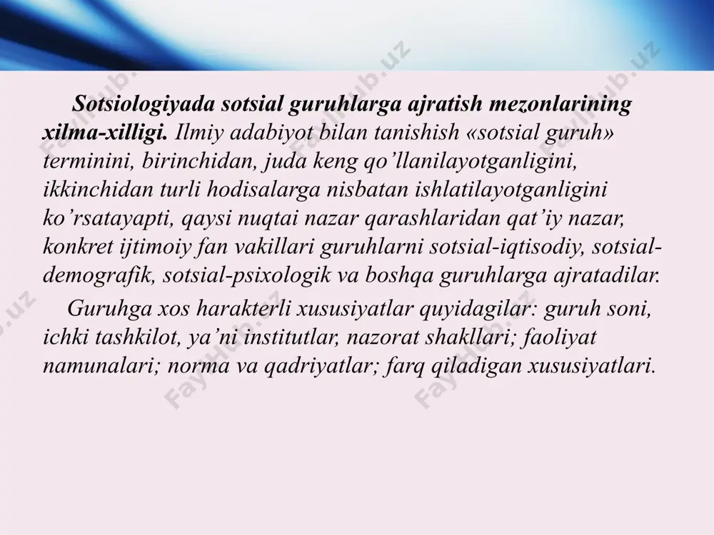 ng turlari juda ko’p. ular turli mezonlarga qarab turlarga ajratiladi. guruh munosabatlari tuzilmasiga qarab kichik sotsial guruhlar rasmiy va norasmiy guruhlarga, a’zolar o’rtasidagi munosabatlarning yaqinligiga qarab esa birlamchi va ikkilamchi guruhlarga, guruhga a’zo bo’lish va bo’lmasligiga qarab a’zoli va referent guruhlarga bo’linadi. sanab o’tilgan guruhlarni birma-bir ko’rib chiqamiz. rasmiy guruhlar - bu huquqiy statusga ega bo’lgan sotsial institut, tashkilot qismi hisoblanadigan mavjud institut, tashkilotdagi mehnat doirasida aniq maqsadga ega bo’lgan sotsial guruhlardir. rasmiy guruhlarga quyidagi belgilar xos: aniq va ischil maqsad, ierarxiyaga asoslangan aniq funktsiyalar, ma’lum qoidalarga muvofiq keladigan huquq va burchlar, a’zolar o’rtasidagi rasmiy munosabatlar, guruh faoliyatini nazorat qiladigan rasmiy institutning mavjud bo’lishi va boshqalar. norasmiy guruhlar, ko’pincha bunday guruhlar «psixologik guruhlar» yoki «sotsial psixologik guruhlar» deb ataladi. chunki bu guruhlarning tashkil topish zaminida guruh a’zolari o’rtasidagi psixologik, hissiy munosabatlar yotadi. norasmiy guruhlarning paydo bo’lishida vaziyat va umumiy mafaatlar majmui muhim rol o’ynaydi. shuning uchun ham bu guruhlarni ba’zan, …