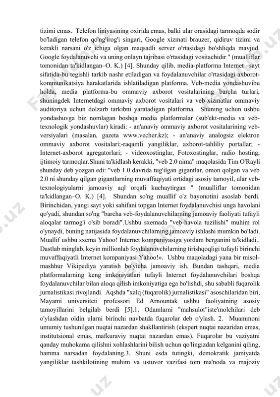 ning tezkorligi va chastotasi, konvergentsiya, interaktivlik, fuqarolik jurnalistikasining shaxsiyati, janr shakllarining o'zgarishi.masalan, "tengrinews" onlayn-portalining rasmiy youtube kanalida bir qator animatsion videolar mavjud, ularda ular, masalan, lotereyada yashil kartaga qanday murojaat qilish bo'yicha ko'rsatmalar bilan bo'lishadilar (video " aqshda yashil kartani qanday yutish kerak? biz murojaat qilamiz. yo'riqnoma, 1-qism" , 2019 yil 29 sentyabrda nashr etilgan. url: https://youtu.be/78bizicrjkg). veb-texnologik yondashuv, ma'lum bir nuqtai nazardan, media platforma –bu internet-portal yoki boshqa veb-sayt. bunday holda, agar biz media-platformani veb-texnologik yondashuv orqali ko'rib chiqsak, unda multimedia va interaktiv internet platformalarining paydo bo'lishi va rivojlanishishlatiladi.tarmoq internet aloqasi va veb 2.0 tufayli. vladimir drukning "muallif 2.0: yangi muammolar va imkoniyatlar" maqolasi asos qilib olingan bo'lib, unda shunday deyilgan: "asosiy farqlardan biri shundaki, veb platformaga aylandi. agar ilgari, masalan, uyda kompyuterlarimiz bo'lsa, biz fotosuratlarimiz to'plamini qattiq diskda, mahalliy sifatida saqlagan bo'lsak, endi bunday platformalar yordamida biz ularni o'sha flikr kompaniyasining uzoq serverida saqlashimiz mumkin. albatta, bu erda …
