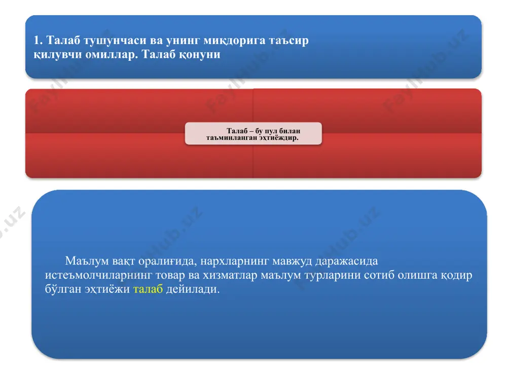 лан унга бўлган талаб миқдорининг янада ортиши ҳолати ҳам учрайди. бу ҳолат гиффен самараси деб аталади. талабга таъсир этувчи омиллар нархга боғлиқ омиллар: муайян товарнинг нархи бир-бирини тўлдирувчи товарларнинг нархи ўринбосар товарларнинг нархи келажакда нархларнинг ўзгариши эҳтимоли нархга боғлиқ бўлмаган омиллар: истеъмолчининг диди бозордаги истеъмолчилар сони истеъмолчининг даромадлари келажакда даромадларнинг ўзгариши эҳтимоли. даромад, минг сўм 10 20 50 60 30 40 70 80 90 100 0 1 2 3 4 5 6 7 8 товар миқдори, дона энгель эгри чизиғи истеъмолчилар даромади ва улар томонидан сотиб олинадиган товарлар миқдори ўртасидаги боғлиқлик немис иқтисодчиси ва статисти эрнст энгель (1821-1896) томонидан чуқур тадқиқ этилган. шунга кўра, истеъмолчи даромади билан у томонидан сотиб олиниши мумкин бўлган товарлар миқдори ўртасидаги ўзаро боғлиқлик энгель қонуни дейилади. 2. таклиф тушунчаси. таклиф миқдорига таъсир қилувчи омиллар. таклиф қонуни маълум вақт оралиғидаги нархларнинг муайян даражасида ишлаб чиқарувчи ёки сотувчилар томонидан маълум турдаги товар ва хизматларнинг бозорга чиқарилган миқдори …