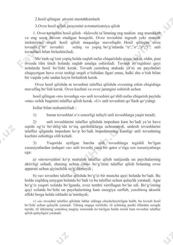 klovchi ta’limning eng muhim eng murakkab va eng uzoq davom etadigan bosqichi. ovoz tovushini ingrash yoki murash imitatsiyasi orqali hosil qilish maqsadga muvofiqdir. hosil qilingan ovoz tovushi (“m“ tovushi) ochiq va yopiq bo‘g‘inlarda “u“,”o“,”a“,”i“, unli tovushlari bilan birlashtiriladi. mo‘rash og‘izni yopiq holda saqlab nafas chiqarishda qisqa, sekin, oldin, past ovozda tilni tinch holatda saqlab amalga oshiriladi. tovush zo‘riqishsiz quyi notalarda hosil bo‘lishi kerak. tovush yumshoq atakada ya’ni un paychalari chiqayotgan havo ovoz teshigi orqali o‘tishidan ilgari emas, balki shu o‘tish bilan bir vaqtda yoki undan keyin birlashish kerak. ovoz hosil qilishda m tovushini talaffuz qilishda ovozning erkin chiqishiga muvaffaq bo‘lish kerak. ovoz kuchini va ovoz jarangini oshirish uchun hosil qilingan «m» tovushga «u» unli tovushini qo‘shib nafas chiqarish paytida «mu» ochik buginini talaffuz qilish kerak. «u» unli tovushini qo‘llash qo‘yidagi hollar bilan tushuntiriladi : 1) burun tovushlari o‘z sonorligi tufayli unli tovushlarga yaqin turadi; 2) unli tovushlarini talaffuz qilishda impedans …