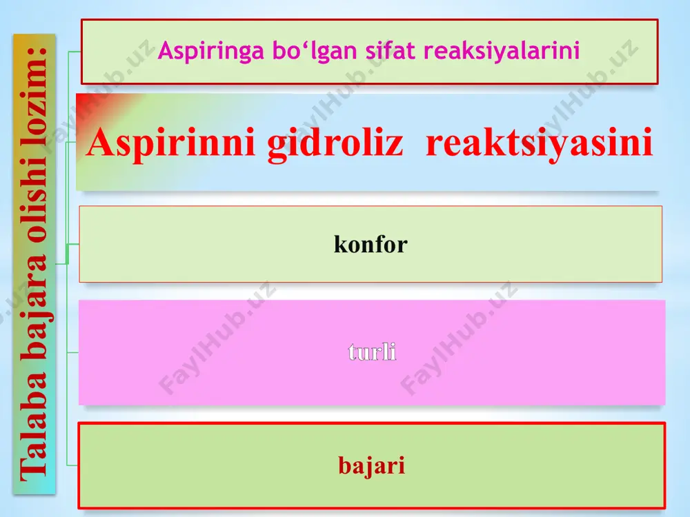 n uglevodo-rodlarning reaktsion qobiliyati juda past bо‘lib, ularda kо‘p-roq о‘rin olish va eliminlanish reaktsi-yalarida qatnashadi aromatik uglevodo-rodlar xalqasining turğunligi yuqori bōlganligi uchun ōrin olish reaktsi-yalarida qatna-shadi tajriba 1. atsetilsalitsil kislotaning gidrolizi. maqsad: atsetilsalitsil kislotani gidrolizi natijasida fenol guruxi xosil bо‘lishini isbotlash № tadbir baja-ril-madi tо‘liq va tо‘g‘ri bajarildi 1. probirka olinadi 0 1,0 2. probirkaga ozgina aspirin kristallaridan solinadi 0 2,0 3. aspirin ustiga 5-6 tomchi suv qо‘shiladi 0 2,0 4. aralashmaga 3-4 tomchi fecl3 eritmasidan qо‘shiladi 0 2,0 5. kuzatilgan natija, reaksiyalar va xulosalar daftarga yoziladi 0 3,0 jami: 0 10,0 atsetilsalitsil kislotaning gidrolizi. maqsad: atsetilsalitsil kislotani gidrolizi natijasida fenol guruxi xosil bо‘lishini isbotlash. № tadbir baja-ril-madi tо‘liq va tо‘g‘ri bajarildi 1. probirka olinadi 0 1,0 2. probirkaga ozgina aspirin kristallaridan solinadi 0 1,0 3. aspirin ustiga 5-6 tomchi suv qо‘shiladi 0 1,0 4. aralashmaga 3-4 tomchi fecl3 eritmasidan qо‘shiladi 0 1,0 5. kuzatilgan natija, reaksiyalar va xulosa-lar daftarga …
