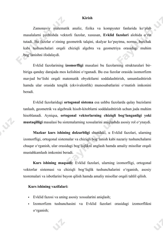 mumkin. bunda ikki a (x1, y1, z1) b (x2, y2, z2) nuqtalar orasidagi masofa formula bilan aniqlanadi. fazo tushunchasi matematikada ancha murakkab tuzilishga ega bo’lgan ob’yektlar uchun umumlashtiriladi. matematikada fazo deganda, ixtiyoriy ob’yektlar (sonlar to’plami, funksiyalar to’plami va h.k.) majmuasi tushuniladi va ular orasida uch o’lchamli fazoda o’rganilgan munosabatlarga o’xshash munosabatlar o’rnatiladi. bunda ikki nuqta orasidagi masofa tushunchasi muhim o’rin egallaydi. n-o’lchamli vektor fazo geometriya, mexanika va fizikada shunday ob’yektlar uchraydiki, ular bir yoki bir necha haqiqiy sonning tartiblangan sistemasi bilan aniqlanadi. masalan, (uch o’lchamli) fazoda har qanday vektor o’zining uchta komponentasi bilan aniqlanadi. fazo tushunchasini umumlashtirish vektor tushunchasini umumlashtirish bilan bog’liq. vektorning eng sodda umumlashtirilishi n-o’lchamli vektor tushunchasidir. 1-ta’rif. tartib bilan yozilgan n ta haqiqiy son sistemasi (majmuasi), ya’ni a=(a1, a2,. . .. . .. . ., an) n-o’lchamli vektor deyiladi. bunda, a1, a2,. . .. . .. . ., an sonlar vektorning koordinatalari deyiladi. kelajakda, vektorlarni a,b,c va …