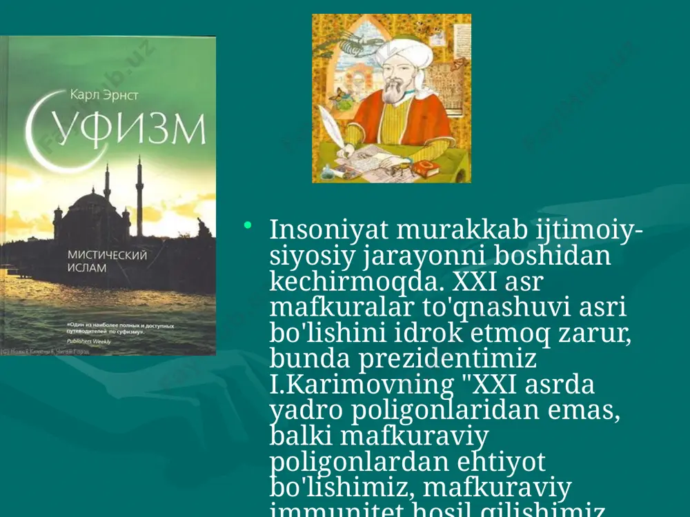 adi. ba`zi hollarda esa shialik g`oyalari alohida ajratib tushintiriladi. sunniylik ko`pgina arab va musilmon mamlakatlarning davlat mafkurasini tashkil qiladi. eron islom respublikasida shialikning imomiy – ja`fairy mazhabi davlat huquqining asosidir. sunniylikda fiqhiy maktablardan tashqari aqidaviy muammolarda ixtilofga brogan ko`pgina mazhablar mavjud bo`lib, ular asosan quydagi mazhablarda bir – biridan farq qiladi. 1. oliy hokimyat imomat, halifalik 2. iymon. 3. qazo va qadar 4. allohning zoti vasifatlari masalasi. 5. fiqhiy masalalar. har qanday musulmon fiqihda malum maktab yoki mazhabga masalan, hanafiylikka ergashgan bo`lishi bilan bir vaqtda, iymon masalasida asha`riy, taqdirb masalasida qadariy, sifat masalasida esa mo`taziliy aqidasida bo`lishi mumkin. azaldan bizning yurtimizda fiqihda hanafiylik, aqidada esa moturudiy talimotiga rioya qilib kelingan. lekin usul asosiy masalalar yuqorida sanab o`tilgan sunniylik mazhablari asosida hech qanday ihtilof, qarama – qarshilik yo`qdir. ularning barchasi (to`g`ri) yo`ldan boruvchi deb etibor etilgandir. 1. islom dinida etirof etilgan yo`nalish va mazhablar. 2. sunniylik ahli sunna val jamoa faqihlar …