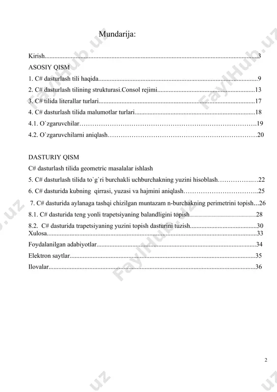 .............................................35 ilovalar...............................................................................................................................36 kirish > sh.m.mirziyoyev o`zbekiston respublikasi prezidenti. mamlakatda zamonaviy axborot texnologiyalari va kommunikatsiyalarini rivojlantirish, elektron davlat xizmatlarini ko’rsatishning yaxlit tizimini yaratish, davlat organlarining aholi bilan muloqot qilishining yangi mexanizmlarini joriy etish maqsadida 2018 yil 19 fevralida o’zbekiston respublikasi prezidentining ―axborot texnologiyalari va kommunikatsiyalari sohasini yanada takomillashtirish chora- tadbirlari to’g’risida‖ gi pf-5349-sonli farmoni qabul qilindi. ushbu farmonda, o’zbekiston respublikasi oliy va o’rta maxsus ta’lim vazirligi bilan kelishgan holda o’quv jarayonining axborot-kommunikatsiya texnologiyalarini rivojlantirish sur’atlari bilan uzluksiz aloqasini ta’minlashni hisobga olgan holda mustaqil ravishda o’quv rejalar va dasturlar, bitiruvchilar uchun malaka talablarini ishlab chiqish va tasdiqlash, hamda professor o’qituvchilar tarkibi mehnatini o’qitishning kredit tizimi shartlaridan kelib chiqib faqat ta’limga xos tadbirlar asosida ish vaqti hisobga olinishiga asoslangan holda mustaqil normalashni amalga oshirish, shuningdek, pedagog xodimlar tomonidan ilmiy-uslubiy, ilmiy- tadqiqot, tashkiliy-uslubiy, ma’naviy-ma’rifiy va tarbiyaviy ishlarning bajarilishini rag’batlantirish huquqi berish to’g’risida ta’kidlab o’tilgan.. ushbu farmonga ko’ra kadrlar tayyorlash sohasini takomillashtirish orqali mamlakatning intellektual …