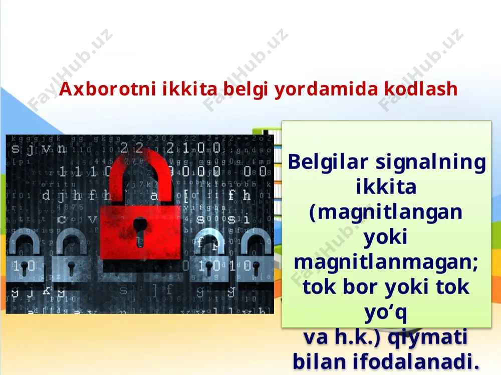 esa bayt deb hisoblanadi. ma’lumki, axborot ustida uzatish amali bajarilishi mumkin. axborotning vaqt birligi ichida uzatilgan hajmi axborotni uzatish tezligi deb ataladi. axborotni kompyuter yordamida uzatishda sarflanadigan vaqt axborot hajmiga bog‘liq bo‘ladi. grafik axborotni ikkita belgi yordamida kodlash paint dasturida rasm chizib, so‘ng uni kattalashtirganingizda rasm kvadratlardan tashkil topganini ko‘rgansiz (quyida chapdagi rasm). bunga kompyuter ekranidagi tasvirlar rastr deb ataluvchi chiziqlar yordamida bo‘lingan piksel (ingl. pixel – picture element – rasm elementi) deb ataluvchi juda mayda kvadratlardan iborat satrlardan tashkil etilishi sababchidir kompyu terda ixtiyoriy rangni ifodalash uchun qizil, yashil va ko‘k ranglardan foydalaniladi va rang hosil qilish qurilmasi rgb (red, green, blue) modeli deb nomlanadi. savol va topshiriqlar 1. nima uchun axborot ikkilikda kodlanadi? 2. sakkiz bit orqali nechta belgini kodlash mumkin? 3. ascii jadvali haqida ma’lumot bering. 4. ascii jadvalidan foydalanib, «7sinf» jumlasini kodlang. 5. axborotning qanday o‘lchov birliklari bor? 6. axborot hajmining o‘lchov birliklari haqida ma’lumot bering. …
