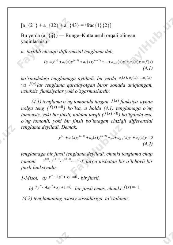 imi ma’lum bo’lsa, quyidagi (4.7) ostragradskiy-liuvill formulasi orqali xususiy yechim bilan chiziqli erkli bo’lgan ikkinchi xususiy yechim topiladi 1.matritsa va ular ustida amallar. tenglik bajariladigan matritsalarga misol keltiring. qanday matritsalar uchun tenglik o’rinli. satr matritsa, ustun matritsa deb qanday matritsaga aytiladi? matritsa satrlarini mos ustunlari bilan almashtirish amali qanday nomlanadi? matritsalarni ko’paytirish amali qanday xossalarga bo’ysunadi? 2. matritsalarning ko’paytmasi qanday o’zgaradi agarda a matrisaning nchi va nchi satrlari o’rinlari almashtirilib yozilsa. 3. fundamental yechimlar sistemasini toping. 4. hisoblang. 5. kvadratik formani ishoradasi aniqlang: 2-bilet 1. determinant va uning hossalari. n- tartibli determinant deb nimaga aytiladi? determinant ixtiyoriy elementi minori deb nimaga aytiladi? algebraik to’ldiruvchi deb nimaga aytiladi? 2. n-tartibli determinantning barcha satrlari teskari tartibda yozilsa, uning qiymati qanday o’zgaradi. 3. uch o’lchovli vector fazo, ya’ni . quyidagilardan qaysi biri da chiziqli operator bo’ladi va shu chiziqli operatorning matritsasini toping. 4. algebraik tenglamalar sistemasini bazis yechimlarini toping. 5.matritsaning xos vektori va …