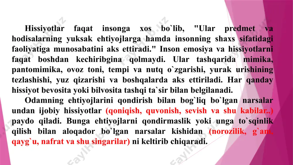 sh va boshqarish imkoniga ega bo`lmay qoladi. lekin har bir kishi bu emosional ta`sirlanishga qarshi kurasha olishi mumkin. masalan, g`azabning oshganini his qilgan vaqtingda o`z fikringni qandaydir boshqa bir predmetga qaratishga intilish ayniqsa muhimdir. bu affekt holatiga uning boshlanish vaqtidayoq barham berishga, dastlabki ta`sirlanishni tezda bosish qiyin bo`ladigan kuchli tuyg`ularga aylanishning oldini olishga yordam beradi. stress - odamni kuchli, chuqur larzaga keltiradigan his-tuyg`ular oqibatidagi emosional holat. ular kuchli psixik holatda: xavf - xatar vaqtida, ortiqcha jismoniy va aqliy mehnat qilishda, faoliyatning juda qiyin va mas`uliyatli damlarida vujudga keladi. frustrasiya (lotincha - aldanish, haddan tashqari kutish, xafa bo`lish). maqsadga erishishga halaqit beradigan sabablar ostida paydo bo`lgan holat. odam tajang, jahldor bo`ladi. oqibatda odam nevroz kasaliga duchor bo`ladi. asosiy hissiy holatlar quyidagilar: g`azablanish- odatda affеkt tarzida kеchadigan va ifodalanishiga ko`ra salbiy hissiy holat . iztirob chеkishdan farqi g`azablanish stеnik tarzda, ko`rinishda bo`ladi. (kuch g`ayratni oshirib yuboradi). nafratlanish- ob'еktiv holatga sub'еktning mafkuraviy, ma'naviy …