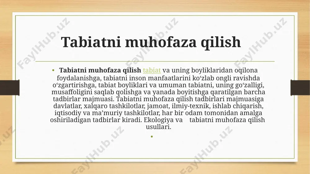 kimyo zavodlarining joylashishini noo`rin deb hisoblash mumkin. hozirgi davrda kelib, respublikada kun sayin aholining o`sib borishini e`tiborga olgan holda, yangi turar joy hududlarini barpo etish talab qilinadi. zamonaviy turli miqyosdagi ekologik muammolar hozirgi vaqtda inson faoliyati ta'sirida biosferaning cfzgarishi juda tezlik bilan borayapti. inson yer kurrasining qiyofasini o'zgartirishda katta geologik kuch sifatida vujudga kelganini v.i.vernadskiy tomonidan takidlab o'tilgan edi. insonning tabiiy jarayonlardan noto'g'ri foydalanishi natijasida xx asrning o'rtalarida ekologik muammolar juda avj olib ketdi. ekologik muammo deganda insonning tabiatga ko’rsatayotgan ta'siri bilan bog^liq xolda tabiatning insonga aks ta'siri, ya'ni uning iqtisodiyotida, hayotda xo'jalik ahamiyatiga molik bo’lgan jarayonlar, tabiiy xodisalar bilan bog'liq bo’lgan har qanday xodisa tushuniladi. (iqlim o’zgarishi, hayvonlarning yalpi ko'chib ketishi) tabiatdagi muvozanatning buzilishi oqibatida turli miqyosdagi ekologik muammolar shakllanmokda. ularni quyidagi guruhlarga ajratish mumkin. 1. global (umumbashariy). regional (mintaqaviy). lokal (mahalliy). ozon qatlamining siyraklanishi: ozonosfera atmosferaning muhim tarkibiy qismi hisoblanib, u iqlimga va yer yuzasidagi barcha tirik organizmlarni …