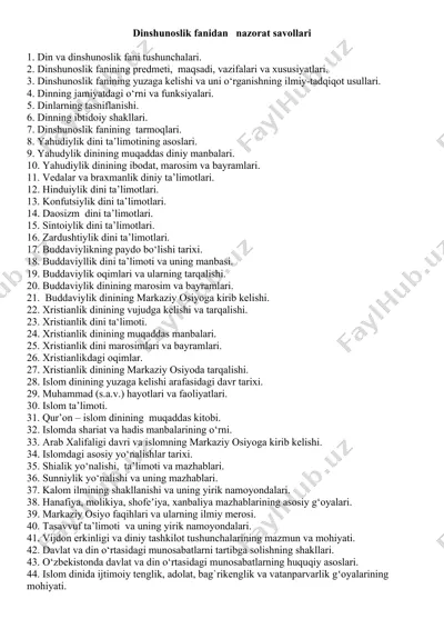 dinshunoslik fanidan nazorat savollari — DOCX