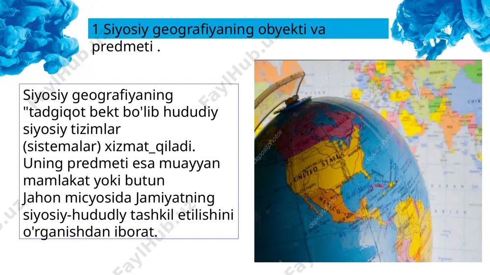 bosh belgilari va xususiyatlari, mamlakatlarning ichki va tashqi siyositining asosiy yo‘nalishlari. - mamlakatlarning siyosiy- geografik ya'ni ( geostrategik) miko, mezo,va makro holati davlat chegaralarining, hududiy tarkibining shakllanish bosqichlari. - mamlakatlar aholisining milliy , ijtimoiy- siyosiy-ijtimoiy hayotdagi roli va o‘rnini. -mamlakatlarning jahon hamjamiyatidagi, xalqaro siyosiy, iqtisodiy va nodavlat tashkilotlardagi o‘rni, mamlakatlarning siyosiy maqsadlar va xalqaro munosabatlar tizimidagi ishtirokini tadqiq qiladi. 04 02 foydalangan adabiyotlar 1. soliyev. a. muhammadaliyeva.r. iqtisodiy geografiya asaslari .t.1996 2. abirqulov.q. iqtisodiy geografiya. t . 2004 3. soliyev. a. qarshiboyeva.l. iqtisodiy geografiyaning nazariy va amaliy masalalari t . 1999 image1.jpeg image2.jpeg image3.jpeg image4.jpeg image5.jpeg image6.jpeg image7.jpeg image8.jpeg image9.jpeg image10.jpeg image11.jpeg image12.jpeg image13.jpeg image14.jpeg image15.jpeg