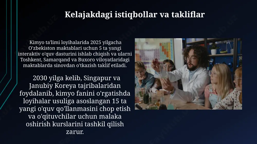maktabda o‘tkazilgan tajribalarga ko‘ra, mustaqil fikrlash ko‘nikmalarini 30% ga oshirdi, biroq ba’zi o‘quvchilarning o‘z vaqtini samarali boshqarish qobiliyatini cheklaydi. farg‘ona viloyatidagi 10 ta maktabda o‘tkazilgan tadqiqotlar shuni ko‘rsatdiki, loyiha usullari o‘quvchilarning kreativlik darajasini 15% ga oshirishi mumkin, ammo resurslarning yetarli emasligi ba’zi loyihalarning samaradorligini pasaytiradi. o'qituvchining roli va qo'llab-quvvatlashi loyihalarni baholashda o'qituvchi 30% nazariy bilimlarni va 70% amaliy natijalarni, shu jumladan, toshkent shahridagi konferensiyada taqdimot qilishni hisobga oladi. o'qituvchi, har bir guruhga 2 martadan kam bo'lmagan maslahat berib, loyiha davomida o'quvchilarni qo'llab-quvvatlaydi, ularning muammolarini aniqlash va 3 xil echimlarni taklif qilishda yordam beradi. talabalarning loyiha mavzusini tanlash va tadqiq qilish talabalar 3-5 kishidan iborat guruhlarga bo'linib, 10 dan ortiq mavzu takliflari orasidan, masalan, toshkentdagi suvning kimyoviy tarkibi yoki samarqand viloyatidagi tuproq namunalarini tahlil qilish kabi, o'zlariga qiziqarli va amaliy loyiha mavzusini tanlashlari mumkin. samarqanddagi kimyoviy zavodning chiqindilari atrof-muhitga ta'sirini o'rganish loyihasida talabalar ph darajasini o'lchash, suvning kimyoviy tarkibini aniqlash va …
