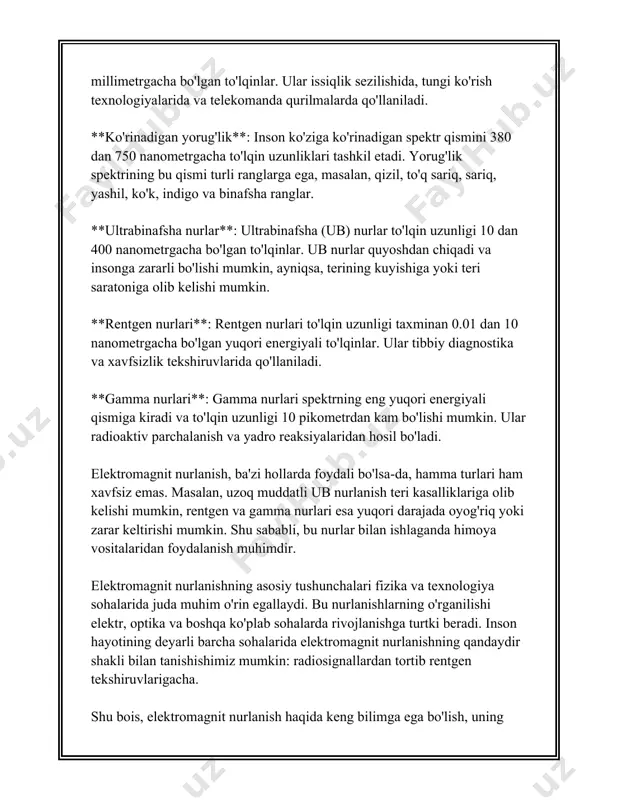 niladi. to'lqin uzunligi qisqargan sari, energiya yuqorilaydi. masalan, ko'rinadigan yorug'likdan gamma nurlargacha bo'lgan nurlar odam ko'ziga ko'rinmaydigan yuqori energiyali nurlanishdir. alohida mamlakatlarda elektromagnit spektrning har xil turlaridan foydalanish uchun turli standartlar va qoidalar mavjud. bu nazoratlar radioaloqa, tibbiyot va sanoat kabi sohalarda elektromagnit nurlanishni xavfsiz va samarali foydalanishni ta'minlash maqsadida amalga oshiriladi. shunday qilib, elektromagnit spektr keng ko'lamli to'lqin uzunliklarini o'z ichiga olgan bir qator turdagi elektromagnit nurlanishlardan iborat bo'lib, har bir qismi inson hayotining turli sohalarida muhim rol o'ynaydi. 3. radioto'lqinlarning kundalik hayotdagi o'rni radioto'lqinlar kundalik hayotimizda juda keng qo'llaniladi va uning turli sohalarda ahamiyati katta. bu texnologiya hozirgi zamonaviy muhitda turli ilovalar orqali hayotimizni osonlashtiradi va qulaylik yaratadi. birinchidan, radioto'lqinlar telekommunikatsiya sohasida eng muhim vositadir. mobil telefonlar orqali muloqot qilishda radioto'lqinlar asosiy rol o'ynaydi. dunyoda milliardlab odamlar mobil telefon ishlatadi va bu usullar radioto'lqinlar orqali amalga oshiriladi. 2020-yilda dunyo bo'ylab mobil telefoni foydalanuvchilar soni 5.2 milliarddan oshdi, bu …
