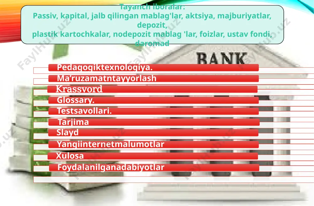 blikamiz tijorat banklari resurslari tarkibida muddatli mablag‘larning ulushi o‘sib borish tendensiyasiga ega bo‘lib, ushbu ko‘rsatkich 2001 yil 1 yanvar holatiga taxminan 7 – 8 foizni tashkil etgani holda, 2008 yil 1 yanvar holatiga 17 foizga, 2010 yilda 35 – 40 foiz yaqin darajani tashkil etgan. banklarning depozit bo‘lmagan mablag‘lari tarkibida moliya bozoridan jalb qilingan banklararo kredit resurslari asosiy salmoqni egallaydi. banklararo kreditlar asosan qisqa muddatli xarakterga ega bo‘lib, odatda ushbu kreditlarni berish va olish jarayoni o‘zining tezkorligi bilan muhim ahamiyatga ega. ushbu jarayon bo‘yicha asosiy operatsiyalar banklarning vakillik hisobvaraqlari doirasida amalga oshiriladi. ya’ni, tijorat banklari o‘zaro kelishuvga erishganda mablag‘lar vakillik hisobvaraqlari orqali o‘tkazib beriladi. shu bilan birga, ushbu kreditlar tijorat banklari uchun nisbatan arzon va muddati jihatidan «uzun» mablag‘lar hisoblanadi. xalqaro bank amaliyotida banklarning depozit bo‘lmagan resurslari tarkibida asosiy yirik manbalardan biri qimmatli qog‘ozlar hisoblanadi. banklar moliyaviy resurslarni shakllantirish maqsadida aksiya, obligatsiya, depozit va jamg‘arma sertifikatlarni muomalaga chiqaradi. shuningdek, tijorat …