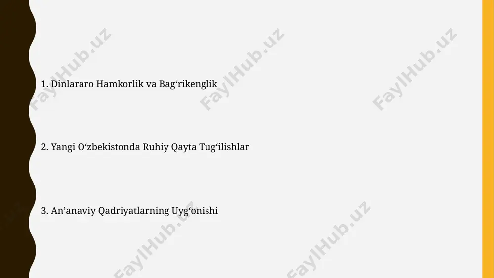 s joylar atrofidagi 5 ta yangi madaniy-ma'rifiy markazlar ochilib, yoshlar uchun diniy ta'lim va milliy qadriyatlarni o'rgatish dasturlari ishga tushirildi. 2022-yilda ziyoratgohlarni rivojlantirishga 50 million aqsh dollaridan ortiq mablagʻ sarflandi, bu sayyohlar sonining 15% ga oshishiga yordam berdi. ta'lim muassasalarida din ta'limi 2023 yilda din ta'limi sohasidagi pedagoglarning malakasini oshirish bo'yicha 500 dan ziyod o'qituvchi maxsus treninglar va seminarlardan o'tdi, bu esa ta'lim sifatini yaxshilashga xizmat qiladi. o'zbekistonning 10 dan ortiq oliy ta'lim muassasalarida islomshunoslikka oid ixtisosliklar ochilib, diniy bilimlarni chuqur o'rganish imkoniyati yaratildi, shu bilan birga din sohasida yuqori malakali mutaxassislar tayyorlanmoqda. yosh avlodning ruhiy tarbiyasi milliy qadriyatlarni targ'ib qilishga qaratilgan "yosh avlodning ruhiy tarbiyasi" dasturi, o'quv jarayoniga 3 ta yangi fanni integratsiya qilib, yoshlarning milliy ongiga ta'sir ko'rsatmoqda. yosh avlodning ruhiy tarbiyasi dasturi 5 ta asosiy yo'nalishni o'z ichiga olib, 100 dan ortiq maktab va o'quv yurtlarida qo'llanilmoqda, bu esa yoshlarning ma'naviy-axloqiy kamol topishiga xizmat qilmoqda. milliy g'oya …