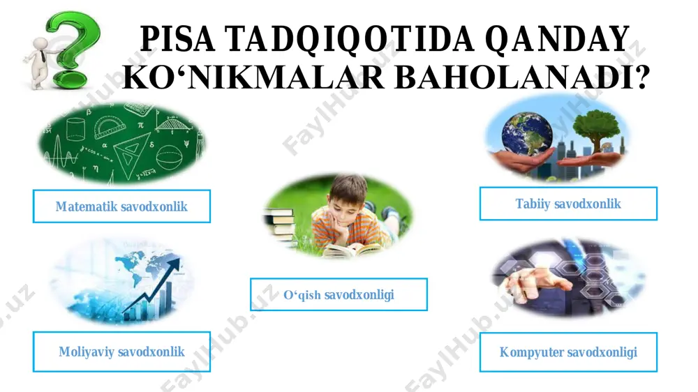 ini shakllantirish jarayoni • ta’lim jarayonida xalqaro baholash dasturi talablariga muvofiq keluvchi topshiriqlardan foydalanish. • o‘qish savodxonligi va funksional savodxonlikni shakllantirishga qaratilgan axborotnomalardan foydalanish. • o‘qish savodxonligini shakllantirishga qaratilgan kichik topshiriqlardan foydalanish. o‘qish savodxonligini baholashda muhim bo‘lgan tamoyillar: • topshiriqlarning murakkablik darajasi (o‘qish jarayoni bilan bog‘liq qiyinchilik va matn bilan bog‘liq qiyinchilik); • topshiriqning berilish shakli (ochiq va yopiq). • javoblar muayyan ball asosida baholanishi hisobga olinadi. o‘qish savodxonligini baholashda muhim bo‘lgan ko‘nikmalar: • tez natija beradigan qidiruv usulidan foydalana olish, katta hajmdagi ma’lumotlarni filtrlash va saralay olish. • bir necha xil manbalardan kerakli ma’lumotni aniqlay olish. • qo‘yilgan muammoning yechimini aniqlashda matnda berilgan ma’lumotlardan foydalana olish. ma’lumotlarni qidirish bilan bog‘liq ko‘nikmalar ➢qidirish manbasi – faktlar, nomlar, sanalar, eslatmalar. qidiruvning maqsadlari topshiriqning shakli va mazmuniga ko‘ra o‘zgarib boradi. ➢qidirish bilan bog‘liq malakalarni shakllantirish uchun 2 xil ko‘nikmaning mavjudligi juda muhim: - muhim o‘rinlarni aniqlay olish; - muhim axborotni tanlab olish. …