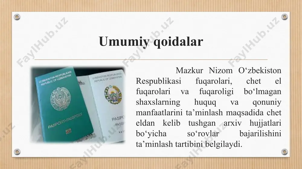 zmati organlarida xizmat qilgan. o‘zbekiston respublikasi ichki ishlar vazirligi, shuningdek, o‘zbekistonda qatag‘on qurbonlarini reabilitatsiya qilish – o‘zbekiston respublikasi davlat xavfsizlik xizmati idora arxiviga va ichki ishlar vazirligining tezkor axborotlashtirish boshqarmasiga. o‘zbekiston respublikasi; mdh davlatlaridan tashqari mdh davlatlaridan tashqari xorijiy davlatlarda yashovchi fuqarolar tomonidan davlat arxivlariga bevosita kelib tushgan har qanday so‘rovlar bo‘yicha tayyorlangan arxiv hujjatlari va javob xatlari agentlik orqali murojaat etuvchilarga yuboriladi. mdh davlatlaridan tashqari xorijiy davlatlarda yashovchi fuqarolarning nodavlat arxivlariga bevosita kelib tushgan har qanday so‘rovlar bo‘yicha tayyorlangan arxiv hujjatlari va javob xatlari ushbu arxivlar tomonidan mustaqil ravishda yoki agentlik orqali murojaat etuvchiga yuborilishi mumkin. o‘zbekiston respublikasi tashqi ishlar vazirligi va o‘zbekiston respublikasining xorijdagi konsullik muassasalari tomonidan agentlikka yuborilgan fuqarolarning murojaatlari davlat arxivi tomonidan ko‘rib chiqiladi, javoblar, shu jumladan arxiv hujjatlari agentlik tomonidan o‘zbekiston respublikasi tashqi ishlar vazirligi. yakuniy qoidalar mazkur nizom talablarining buzilishida aybdor shaxslar qonun hujjatlarida belgilangan tartibda javobgar bo‘ladilar. o‘zbekiston respublikasi fuqarolari, chet el fuqarolari …