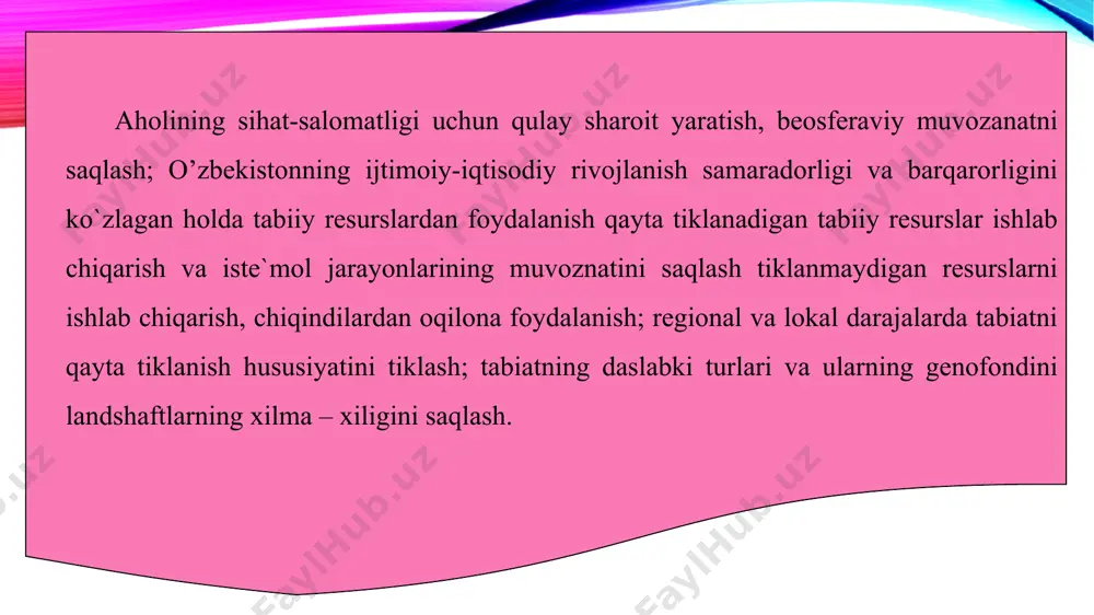 i. sut emizuvchi hayvonlar va qushlar kamayib ketdi. qurigan maydonlar xavfli kasalliklarni tarqatuvchi kemiruvchi bilan to’lib bormoqda. orol bo’yining sanitar-epidemiologik ahvoli nihoyatda og’irlashmoqda. agar zudlik bilan tabiatda vujudga kelayotgan muammolar hal qilinmasa insoniyat va butun mavjudodning hayoti xavf ostida qoladi. biz tabiatga qarammiz, biz tabiatsiz yashay olmaymiz, shunday ekan biz barchamiz tabiatni asrab avaylashimiz, uning har-bir qarich yerini ko’z qorachig`iday asrashimiz, tabiat boyliklaridan oqilona foydalanishimiz, har-bir tomchi suvni tejab ishlatishimiz, tabiat haqida doimo g’amxo’rlik qilishimiz lozim. uzoq yillar davomida eski ma’muriy buyruqbozlik tizimi sharoitida markaziy osiyi mintaqasidagi ekologik muammolarga e’tibor berilmadi. tabiatni muhofaza qilish tadbirlariga arzimas darajada kam mablag’ ajratilardi. bu mablag’ tabiatga yetkazilgan zararni also qoplamasdi. sobiq ittifoq zamonida atrof-muhit va atmosfera havosining ifloslanishi, toza ichimlik suvi yetishmasligi tashvishli hol ekani haqida bilib, bilmaslikga olindi. qonunlar rasmiyat uchun qabul qilinadiyu, ammo ular hayotga joriy etilmadi. sho’ro tuzumi davrida inson tabiatni o’z irodasiga bo’ysundirishi lozim degan soxta aqida uzoq yillar …