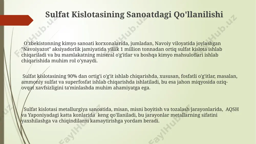 arayon gazlarning ajralishi va metallarning sulfidlarining parchalanishi bilan birga keladi. oltingugurtning mikrobiologik usulida, bakteriyalar yordamida oltingugurtli rudalarning oksidlanishi natijasida elementar oltingugurt hosil bo'ladi. jarayon samaradorligi bakteriyalar turi va atrof-muhit sharoitlariga bog'liq bo'lib, 90% ga yetadi. oltingugurt va sulfat kislotasining kelajagi oltingugurt va sulfat kislotasi ishlab chiqarishining 2030-yilga borib 5% ga o'sishi kutilmoqda, ayniqsa, osiyo mamlakatlari, xususan, xitoy va hindistonda talab yuqori. sulfat kislotasining yangi, ekologik toza ishlab chiqarish texnologiyalari, masalan, plazma texnologiyasi, energiya sarfini 15% ga kamaytirishi va chiqindilarni sezilarli darajada qisqartirish imkoniyatini beradi. markaziy osiyo davlatlarida, jumladan o'zbekistonda, sulfat kislotasi asosida ishlab chiqariladigan fosforli o'g'itlar ishlab chiqarish hajmining 2025-yilga kelib 10 million tonnagacha yetishi prognoz qilinmoqda. sulfat kislotasining fizikaviy xossalari sulfat kislotaning zichligi 1,84 g/sm³ ga yaqin bo'lib, bu suvdan ancha yuqori va 20°s da o'lchanadi, bu uning yuqori konsentratsiyasini ko'rsatadi. sulfat kislotaning viskoziteti yuqori bo'lib, 25°s da 24.4 mpa·s ga teng, bu esa uning suyuqligiga ta'sir qiladi va …