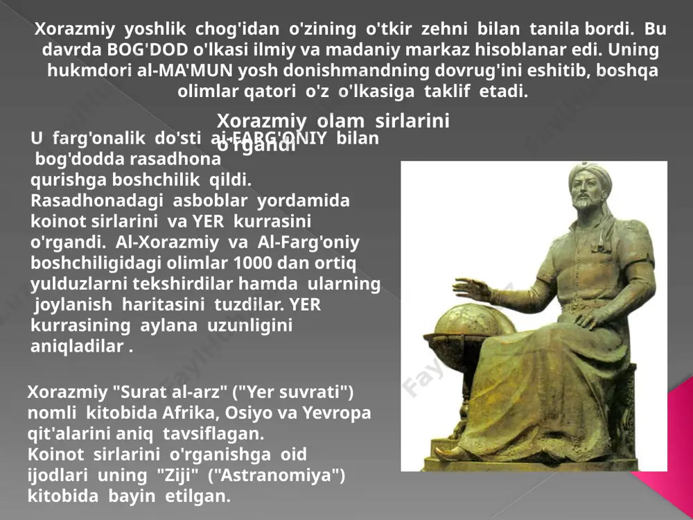 ma'mun abul abbos boshchiligidagi ilmiy jamoa – akademiya muhim rol o`ynadi. ma'mun i ning dahshatli, qonli harbiy voqealar, uzoq-uzoq mamlakatlarga qilingan yurishlar va murakkab siyosiy fitnalar bilan to`lib-toshgan podsholik davri tugagach, bir oz vaqt uning to`ng`ich o`g`li hukmronlik qiladi, shundan keyin xorazm tarixida yorqin davr – ma'mun i ning o`g`illaridan bo`lmish ma'mun ibn ma'munning davri boshlanadi. bu haqda keyinroq batafsil ma'lumot beramiz. xorazmshohlar davlati “bayt ul-hikma”dagi ilm-fan va ilmiy yo`nalishlar. “bayt ul-hikma”da asosan riyoziyot, tibbiyot, ilmi-nujum, jo`g`rofiya, astrologiya, handasa va shunga o`xshash boshqa fanlar o`rgatilgan. olimlardan muhammad al-xorazmiy, ahmad al-farg`oniy, javhariy, sobit ibn qurra, abu abdulla muhammad ibn yusuf xorazmiy, al-xo`jandiy, as-sijiziy va boshqa olimlar ishlagan. bag`dodda tashkil qilingan akademiya to`g`risida yuqorida aytib o`tgan edik. nemis fan tarixchisi x.zuter o`zining matematika va astronomiya tarixiga bag`ishlangan asarida ix-x asrlarda bag`doddagi “bayt ul-hikma”da faoliyat olib borgan 500 dan ortiq olimlarning ro`yxatini keltiradi. chex olimi yu.rushkaning tadqiqoticha, bu olimlarning aksariyati xorazm, farg`ona, shosh …