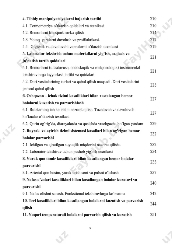 ularni tozalash 4.11. narkoz tushunchasi, turlari, asoratlari bo‘yicha shifokorning bemor bilan muloqot qilishining ahamiyati 368 4.12. bemorni operatsiya oldi davrida shifokor tomonidan olib borilishi lozim bo‘lgan muolajalarning ahamiyati. 375 4.13. hayajonlanish, qo‘rquv, siqilish, shok kabi bemorlarni psixologik holatlarida shifokorning tutgan o‘rni 383 4.14. shifokor tomonidan operatsiyadan keyingi davrda bajariladigan muolajalar ahamiyati. ichak va siydik oqmasi bo‘lgan bemorlarni parvarishlash 389 4.15. operatsiyadan keyingi davrda bemorlarni ovqatlantirish chora - tadbirlari, ovqat tarqatish va ovqatlantirish usullari 397 4.16. terminal holatdagi bemorlarga yordam ko‘rsatish 401 4.17.og‘ir xirurgik bemorlarda kiyim–kechak va oqliklarni almashtirishning o‘ziga xos hususiyatlari, yotoq, yaralarni oldini olish 407 adabiyotlar 416 i bob. terapevtik bemorlarni parvarish qilish 8 1.1. davolash muassasalarining ishini tashkil etish. bemorlar umumiy parvarishining mohiyati sog‘liqni saqlash – tibbiy yordamni tashkil qilish, har bir inson va umuman aholi salomatligini saqlash va yaxshilash maqsadida amalga oshirilayotgan ijtimoiy-iqtisodiy, tibbiy, davlat ijimoiy tadbirlarining birlashmasi. sog‘liqni saqlash chora-tadbirlari - profilaktika tamoyillariga, tibbiyotning umumiy yordami, …