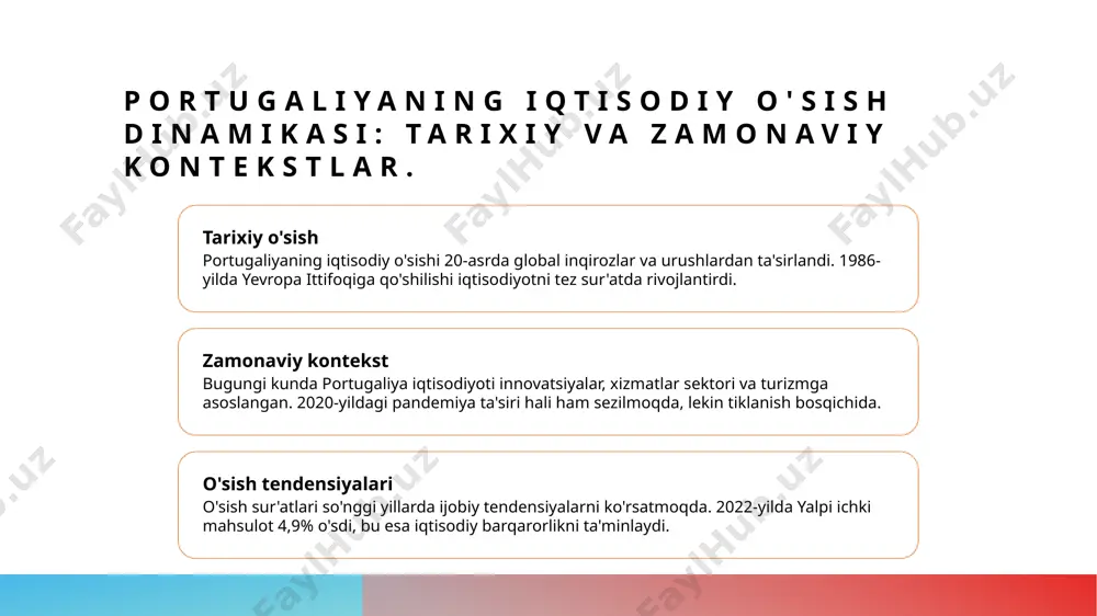 jlanish tendensiyalari. xalqaro savdo o'sishi portugaliyaning xalqaro savdosi so'nggi yillarda barqaror o'sishni ko'rsatmoqda, bu esa iqtisodiy o'sishga ijobiy ta'sir ko'rsatmoqda. asosiy eksport mahsulotlari portugaliya asosan vino, dengiz mahsulotlari va elektronika kabi mahsulotlarni eksport qiladi, bu esa iqtisodiy diversifikatsiyani ta'minlaydi. savdo hamkorlari portugaliyaning asosiy savdo hamkorlari orasida ispaniya, germaniya va fransiya mavjud, bu esa xalqaro aloqalarni kuchaytiradi. rivojlanish tendensiyalari o'sish tendensiyalari, yangi bozorlarni izlash va raqamli savdoga o‘tish orqali davom etmoqda, bu esa portugaliyaning iqtisodiy kelajagini mustahkamlaydi. iqtisodiy ko'rsatkichlar: portugaliyaning global bozordagi o'rni. 1 global iqtisodiy o'rin portugaliya, yevropa ittifoqida muhim iqtisodiy o'rin egallab, 2022-yilda 1.3 trillion dollar gdp bilan 49-o'rinda turdi. 2 tashqi savdo ko'rsatkichlari 2022-yilda portugaliya tashqi savdosi 120 milliard dollardan ortiq bo'lib, eksport va import o'rtasidagi muvozanat iqtisodiy o'sishga katta hissa qo'shdi. 3 xalqaro investitsiyalar portugaliya 2022-yilda xalqaro investitsiyalar bo'yicha 16 milliard dollar jalb etdi, bu iqtisodiy o'sishni qo'llab-quvvatlaydi va global raqobatbardoshlikni oshiradi. xalqaro savdo va yalpi ichki …