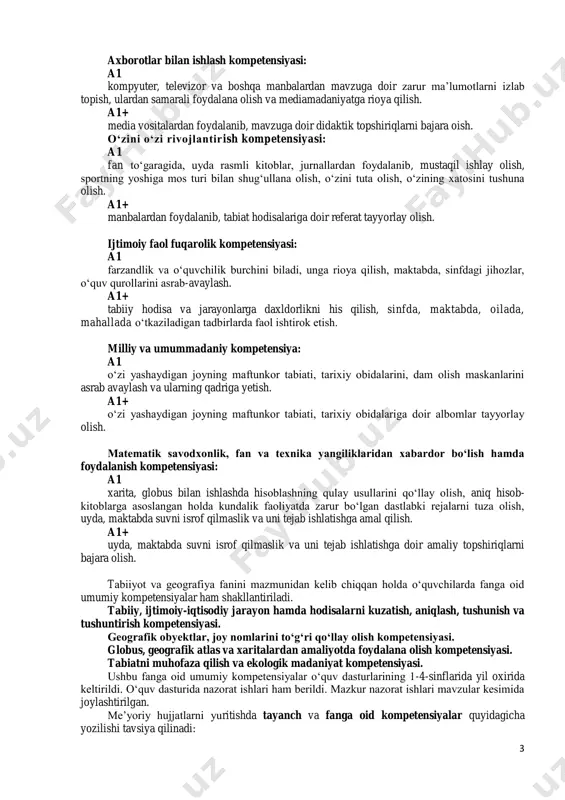 b, mavzuga doir didaktik topshiriqlarni bajara oish. o‘zini o‘zi rivojlantirish kompetensiyasi: a1 fan to‘garagida, uyda rasmli kitoblar, jurnallardan foydalanib, mustaqil ishlay olish, sportning yoshiga mos turi bilan shug‘ullana olish, o‘zini tuta olish, o‘zining xatosini tushuna olish. a1+ manbalardan foydalanib, tabiat hodisalariga doir referat tayyorlay olish. ijtimoiy faol fuqarolik kompetensiyasi: a1 farzandlik va o‘quvchilik burchini biladi, unga rioya qilish, maktabda, sinfdagi jihozlar, o‘quv qurollarini asrab-avaylash. a1+ tabiiy hodisa va jarayonlarga daxldorlikni his qilish, sinfda, maktabda, oilada, mahallada o‘tkaziladigan tadbirlarda faol ishtirok etish. milliy va umummadaniy kompetensiya: a1 o‘zi yashaydigan joyning maftunkor tabiati, tarixiy obidalarini, dam olish maskanlarini asrab avaylash va ularning qadriga yetish. a1+ o‘zi yashaydigan joyning maftunkor tabiati, tarixiy obidalariga doir albomlar tayyorlay olish. matematik savodxonlik, fan va texnika yangiliklaridan xabardor bo‘lish hamda foydalanish kompetensiyasi: a1 xarita, globus bilan ishlashda hisoblashning qulay usullarini qo‘llay olish, aniq hisob- kitoblarga asoslangan holda kundalik faoliyatda zarur bo‘lgan dastlabki rejalarni tuza olish, uyda, maktabda …