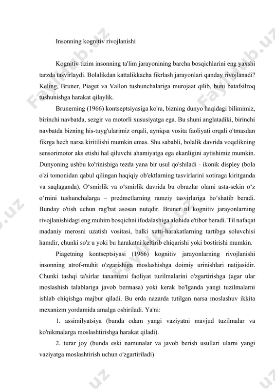 aqachon bolaning va atrof-muhitning o'zaro ta'siri natijasida shakllangan, masalan, shishani ko'krak bilan ushlash va hokazo; v) dumaloq reaktsiyalar (4 oydan 8 oygacha) - pertseptiv tizimlar va vosita harakatlari o'rtasidagi muvofiqlashtirishning rivojlanishi , masalan, arqonni ushlab, shang'iroqni silkitib qo'yish, uni shitirlashi uchun; d) vositalar va maqsadlarni muvofiqlashtirish (8 oydan 12 oygacha) - bolaning harakatlari o'z maqsadiga erishishga qaratilgan borgan sari ko'proq qasddan; e) yangi mablag'larni tasodifiy topish (12 oydan 18 oygacha) - dasturxonni tortib, stol ustida yotgan narsalarni olishingiz mumkin; f) yangi vositalarni ixtiro qilish (18-24 oydan boshlab) - maqsadlarga erishish uchun yangi echimlarni izlash, kerakli narsalarni olish, 2-3 bosqichli muammolarni hal qilish; sensomotor bosqich vizual-samarali fikrlashning ishlashi va vizual-majoziy fikrlashni shakllantirish bilan tavsiflanadi. bundan tashqari, aniq operatsiyalar bosqichi 3 ta kichik bosqichni o'z ichiga oladi: a) operatsiyadan oldingi daraja (2 yoshdan 5 yoshgacha) - bu daraja bolaga aqliy tasvirlar yordamida ob'ektlarni tasavvur qilish va ularni so'zlar yoki belgilar bilan belgilash …