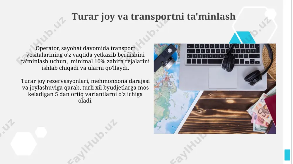 uvaffaqiyatli operatsiyalarni ta'minlaydi. 24/7 qo'llab-quvvatlash xizmati 24/7 qo'llab-quvvatlash xizmati sayohat davomida yuzaga keladigan muammolarni, masalan, yo'qotilgan buyumlar yoki reyslarning kechikishi kabi holatlarda 365 kun davomida tezkor yechim topish imkonini beradi. 80% dan ortiq mijozlar 24/7 qo'llab-quvvatlash xizmatining mavjudligi tufayli xalqaro sayohatlarni tanlashda yuqori darajada qulaylik va ishonch his qilishlarini ta'kidlaydilar, bu esa yuqori mijozlarning qoniqish darajasini ta'minlaydi. atrofdagi muhitga hurmat tur operatori, sayyohlarni atrof-muhitni muhofaza qilish bo'yicha 3 ta asosiy qoidalar bilan tanishtiradi va chiqindilarni qayta ishlashni 80% ga oshirishga qaratilgan dasturlarni qo'llab-quvvatlaydi. atrof-muhitga ta'sirni kamaytirish uchun, kompaniya transport vositalaridan foydalanishni 15% ga kamaytirish va kamida 20% bio-yoqilg'idan foydalanish bo'yicha strategiyani amalga oshirmoqda. e'tiboringiz uchun rahmat @taqdimot_robot image1.jpg image2.jpg image3.jpg image4.jpg image5.jpg image6.jpg image7.jpg image8.jpg image9.jpg image10.jpg image11.jpg image12.jpg image13.jpg image14.jpg image15.jpg image16.jpg image17.jpg