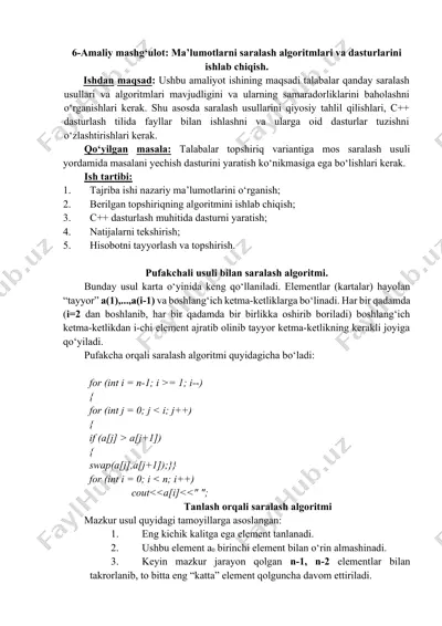 amaliy mashg‘ulot: ma’lumotlarni saralash algoritmlari va dasturlarini ishlab chiqish. — DOCX