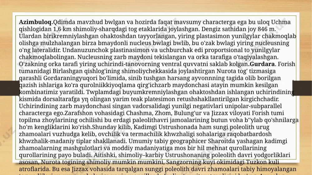 si va daryolar vodiylargi tutash tog' yonbaqirlari buylab zhoylashgan. ularning yashash joylari, manzilgohlari, tokon ustahonalari hamda alohida kabristonlari aniqlangan.1951 yilda arxeolog ya.g. g'ulomov rahbarligidagi zarafshon ekspeditsiyasi va tuzkon - aydarkul davolash bir qancha yodgorliklar aniklangan. ular nurota togining mirzachulga tutash tuzkon, koʻlgansir va qizilcha sovxozidagi xon-chorbok atroflarida joylashgan edi. bu erdagi ertula va yarim ertula shaklidagi kulbalarda neolithic davriga oid chakmoktoshdan yaratilgan tosh kurollar va bronze davri chorvadorlari madaniatiga mansub, tuq-kulrang tusdagi archa shohlarisimon, twrsimon naqchalari yashlari.ustrushonath shu paytgacha eneoliic va bronze davriga oid manzilgokhlar aniqlanmagan. keyin, keyingi tadqiqotlar ustrushonada bronze davriga oid yodgorliklar ham mavzhudligini khrsatmoqda. yillik yillard ustrushona togli tegralari khususan, morguzar tizmasida landshaft-arxeologdan olingan va gis tahlillar yordami kadimiy kuchmanchi chorvadorlarning izlari aniqlandi. tadkikotchi f.a. maksudovning talarining sug'urich, tabiy sharoytning kulayligi natizhasida bu hududda bronze davri chorvador zhamoa qo'nalgalari shakllangan. so’ngi yillard olib izlanilr, sugon, fargona vroke toshkent vohasida 2009 yil sh. rashidov tumanining baxmalsoy qishlog'i (biz …
