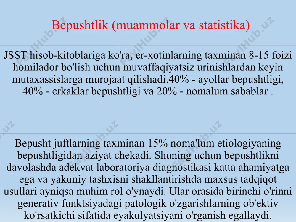 ning imkoniyatlaridan 15-30 baravar ko'p bo'lgan bir necha ming hujayra tasvirlarini tahlil qilishi mumkin va statistik jihatdan ishonchliroq natijalarni beradi. asosiy afzallik - ta'rifning ishonchliligi. kuzatuv sohasida bir vaqtning o'zida spermatozoidalar soniga qarab, kompyuter ularning barchasi yoki ko'pchiligining harakat parametrlarini hisoblab chiqadi, bu esa spermogrammani qo'lda ishlab chiqarishda mumkin emas. yana bir muhim afzallik - takroriy ko’rib chiqish, ya'ni, tadqiqot natijasi tadqiqotni amalga oshirayotgan laborantga, uning tayyorgarlik darajasiga, konsentratsiya yoki charchoq darajasiga bog'liq emas. turli vaqtlarda bitta bemorda o'tkazilgan harakatchanlik tahlili ko'rsatkichlardagi o'zgarishlarni to'g'ri aks ettirishiga amin bo'lishingiz mumkin. keyingi afzallik - ob'ektivlik: analizator sperma harakatining haqiqiy tezligini o'lchaydi, bu sizga spermatozoidlarning unumdorligini (tuxumni urug'lantirish qobiliyatini) ob'ektiv baholash imkonini beradi. kompyuter diagnostikasi mikroskop ostida tasvirlarni an'anaviy vizual tahlil qilish orqali shifokor uchun mavjud bo'lmagan tubdan yangi miqdoriy ma'lumotlarni olish imkonini beradi. spermogrammani o’qish va tushunish erkakdagi bepushtlikni aniqlash yoki rad etish uchun zamonaviy tibbiyot spermogrammadan foydalanadi. bu jarayonda eng muhim …