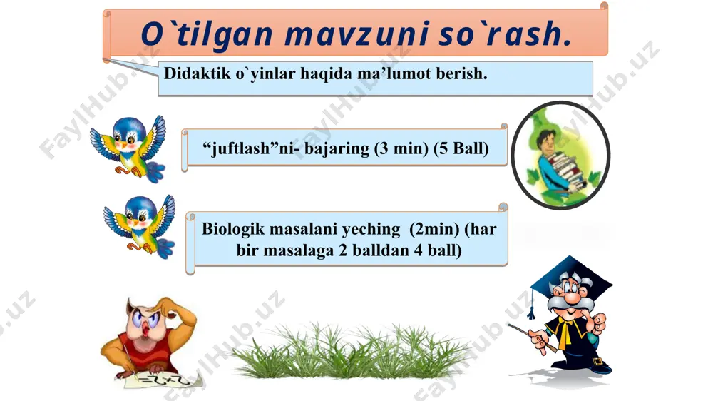 i qavatining o‘rtasida tovush boylamlari va muskullari joylashgan. hiqildoqdan havo uning pastki qismiga tutashgan nafas yo‘liga, ya’ni kekirdak (3)ga o‘tadi. v ko‘krak umurtqasi ro‘parasida kekirdakning ikkiga (o‘ng va chap ga) bo‘linishidan bronhlar (4) hosil bo‘ladi. 0‘pkalar pastdan diafragma (5), orqadan umurtqa pog’onasi (6) , oldingi tomondan to’sh suyagi (7) va atrofidan qovurg’alar (8) bilan chegaralangan. alveolalarning devori bir qavatli epiteliy (9) to‘qimasidan iborat bo‘lib, atrofi mayda qon tomirlari — kapillarlar bilan to‘rsimon shaklda o‘ralgan. o‘pkalar tashqi tomondan plevra pardasi bilan o‘ralgan. u ikki (10) qavatdan (ichki va tashqi) iborat. www.aim.uz “charxpalak”o’yini ? ? ? ? ? ? ? ? www.aim.uz keyingi biologic nafas olish organlar sistemasi qaysi organlardan iborat? savol orqaga biologic savol ovoz boylamlari qayerda joylashgan? orqaga biologic savol ikkala o’pkada alveolalar soni nechta? orqaga biologic biologic savol bir minutda necha marta nafas olib, chiqariladi? orqaga savol o’pkani tashqi tamondan nima o’rab turadi? orqaga savol qaysi organlar nafas yo’li …