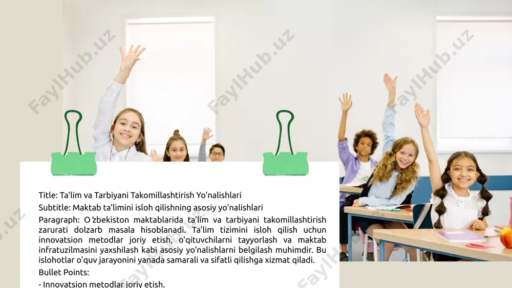 muammolarni hal qilishda ishtirok etish imkonini beradi. o‘quvchilar jamoaviy ish va kreativ fikrlash ko‘nikmalarini rivojlantiradi. title: natijalarning baholanishi subtitles: baholash usullari paragraph: taklif qilingan chora-tadbirlarning natijalarini baholash muhimdir. bu baholar, o'quvchilar, o'qituvchilar va ta'lim sifatini aniqlashga yordam beradi. bullet points: - o‘quvchilarning bilim darajasini baholash: bu metod orqali o'quvchilarning bilim va ko‘nikmalarini baholash uchun testlar, loyihalar va imtihonlar o'tkaziladi. ular o'quv jarayonining samaradorligini aniqlashga yordam beradi. - o‘qituvchilar ishini baholash: o'qituvchilarni baholashda dars jarayonidagi faoliyatlari, o'quvchilarning muvaffaqiyatlari va o'qitish metodlari tahlil qilinadi. bu o'qituvchilarning professional rivojlanishini ta'minlaydi. - ta’lim sifatini aniqlash: ta'lim sifatini baholash uchun o'qitish jarayoni, o'quv dasturlari va o'quvchilar natijalari ko‘rib chiqiladi. bu, ta'lim tizimining umumiy samaradorligini oshirishga yordam beradi. ta'lim tizimini takomillashtirish zarurati o'zbekistonda ta'lim tizimini takomillashtirish zarurati o'quv jarayonining sifatini oshirish va o'quvchilarning bilim darajasini yanada mukammal qilish maqsadida amalga oshirilishi lozim. maktablarda ta'lim va tarbiyani takomillashtirish jarayoni, o'z navbatida, kelajak avlodni zamonaviy talablar va global …