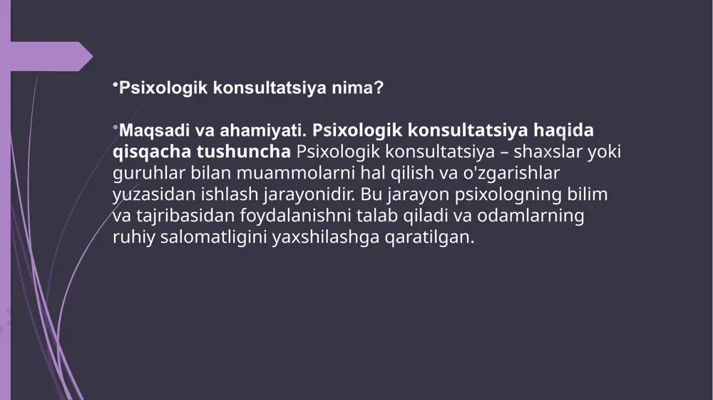 ar etik kodeksga amal qilishlari kerak. psixologik konsultatsiya natijalari mijozlar uchun foydalar konsultatsiya jarayonida mijozlar stressni kamaytirish, o'z-o'zini anglash va shaxsiy rivojlanish imkoniyatlariga ega bo'ladilar. qiyinchiliklar va muammolar psixologik konsultatsiya davomida uchraydigan qiyinchiliklar mijozlar ba'zan o'z muammolarini ochishdan qo'rqishadi yoki ishonchsizlik his qilishlari mumkin. psixolog bu holatlarni yengib o'tish yo'llarini topishi kerak. : psixologik konsultatsiyaning foydalari stressni boshqarish psixologik konsultatsiya orqali mijozlar stressni boshqarish va o'z hissiyotlarini tartibga solish imkoniyatiga ega bo'ladilar. zamonaviy psixologik uslublar kognitiv-behavioral terapiya bu uslub, o'z fikrlarimizni va harakatlarimizni o'zgartirishga yordam beradi. zamonaviy psixologlar bu metodlarni muvaffaqiyatli qo'llashmoqda. amaliy misollar muvaffaqiyatli konsultatsiya tajribalari mijozlar o'z tajribalari haqida fikr bildirishlari va qanday o'zgarishlarga erishganliklarini baham ko'rishlari mumkin. bu auditoriya uchun ilhomlantiruvchi misol bo'ladi. savollar va javoblar tinglovchilar bilan muloqot auditoriyadan savollar olish va ularga javob berish. bu jarayon konsultatsiya haqidagi tushunchalarni yanada chuqurlashtiradi. e’tiboringiz uchun rahmat image1.jpeg image2.jpeg image3.jpeg image4.jpeg image5.jpeg image6.jpeg image7.jpeg image8.jpeg image9.jpeg image10.jpeg image11.jpeg …
