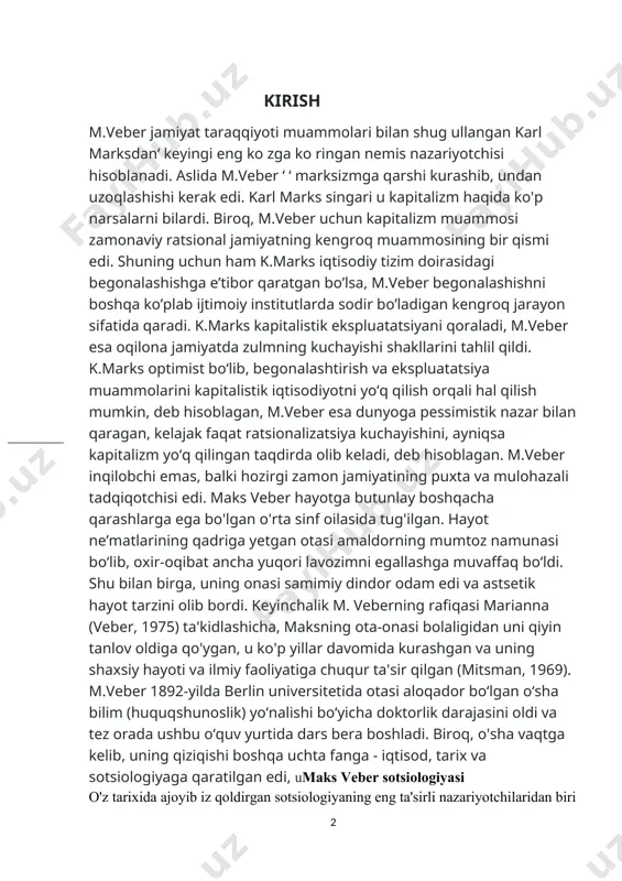 , 1969). m.veber 1892-yilda berlin universitetida otasi aloqador bo‘lgan o‘sha bilim (huquqshunoslik) yo‘nalishi bo‘yicha doktorlik darajasini oldi va tez orada ushbu o‘quv yurtida dars bera boshladi. biroq, o'sha vaqtga kelib, uning qiziqishi boshqa uchta fanga - iqtisod, tarix va sotsiologiyaga qaratilgan edi, umaks veber sotsiologiyasi o'z tarixida ajoyib iz qoldirgan sotsiologiyaning eng ta'sirli nazariyotchilaridan biri bu maks viber (1864-1920). nemis sotsiologi butun faoliyati davomida rivojlanib borgan tarixiy sotsiologiya kontseptsiyasining shakllanishi zamonaviy tarix fanining juda yuqori darajada rivojlanganligi, dunyoning ko'plab jamiyatlarida ijtimoiy hodisalar to'g'risidagi katta miqdordagi empirik ma'lumotlarning to'planishi bilan bog'liq edi.0 ushbu ma'lumotlarni tahlil qilishga bo'lgan katta qiziqish veberga uning asosiy vazifasini - umumiy va o'ziga xos xususiyatlarni birlashtirish, ijtimoiy faktlarning tartibsiz tarqalishini buyuradigan metodologiya va kontseptual apparatni ishlab chiqishda yordam berdi. viberning asarlari tarixiy tadqiqotlar va sotsiologik aks ettirishning ajoyib uyg'unligi bo'lib, kengligi va umumlashmalari jasurligida hayratga soladi0. agar marksning fikrini kichik germaniya davlatlarining ezoterik-idealistik falsafasi va mayda burjua …