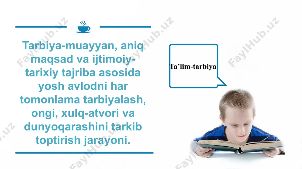 ’nodagi tarbiya tushunchalariga izoh bering? tarbiya tamoyillarini izohlang? tarbiya asosiy yo‘nalishlarini ayting? tarbiya mazmuni deganda nima tushuniladi? foydalanadigan adabiyotlar 4. r. mavlonova va boshqalar. pedagogika nazariyasi va tarixi.-toshkent, fan va texnalogiya. 2010. 3. pedagogik ensiklopediya. i va il jild. “o‘zbekiston milliy ensiklopediyasi” davlat ilmiy nashriyoti.-toshkent,2012. 2.b.b. ma’murov umumiy pedagogika t.: fan.2016. 1.b. xodjayev umumiy pedagogika “sano-standart” toshkent-2017. e’tiboringiz uchun raxmat! image1.jpg image3.jpg image11.png image9.jpg image12.png image6.jpg image7.jpg image13.png image14.jpeg image2.jpg /docprops/thumbnail.jpeg