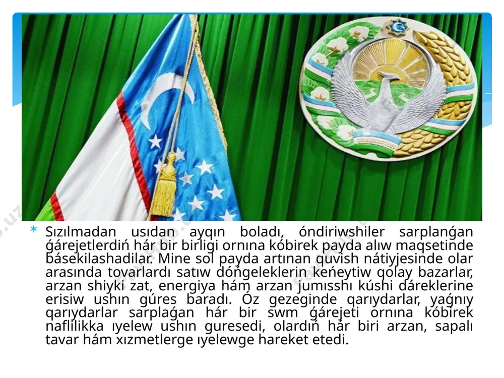 da, jańa kárxanalardıń payda bolıwı hám olardıń básekili bazarda ónimlerin satıwǵa huqıqıy, , finanslıq hám basqa saldamlı ekonomikalıq tosıqlar bolmaydı. baha jardeminde básekilashuvda gúrestiń tiykarǵı usılı bolıp islep óz tovarları bahasın basqa óndiriwshilerdiń sonday onimleri bahasına salıstırǵanda tómenletiwi esaplanadı. onıń tiykarǵı hám eń kórinisi - «narxlar jangi» dep ataladıki, bunda iri islep shiǵarıwshılar raxiplerin tarmaqtan qısıp shıǵarıw ushın bahanı waqtı –waqtı menen yamasa uzaq múddet tómenletip turadı. bul usıldı qóllaw ushın óndiriwshi basqa raxiplerine qaraǵanda ónimlilew texnologiyanı kirgiziwi, mamanlaw jumislardi jallawı hám islep shıǵarıwdı jaqsılaw uyımlastırıwı kerek boladı. paydalanilǵan ádebiyatlar. 1. o‟zbekiston respublikasi mehnat kodeksi (yangi tahrir). 2. k.b.urazov “buxgalteriya hisobi va audit” oquv qollanma. t-2004. 3. sh.n.fayziev , r.d.dusmuratov, a.a.karimov, i.n.kuziev,a.z.avlokulov “audit” darslik.t2015. 4. o’zbekiston respublikasining 2016 yil 13 apreldagi “buxgalteriya hisobi to’g’risida”gi qonuni, o`rq-404-sonli. 5. o’zbekiston respublikasining buxgalteriya hisobi milliy standartlari to’plami. –t.: 2010 -y. 6. a.a.karimov va boshqalar “buxgalteriya hisobi”. darslik. –t.: “sharq”nmak, 2004-y. 7. k.b.urazov “buxgalteriya …