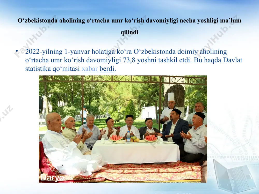 a tug‘ilish va aholi tabiiy ko‘payishining yuqori darajalari saqlanib qolmoqda. demografik o‘tish jarayonining eng past sur’atlari esa afrika davlatlari uchun xos. ayniqsa, g‘arbiy, markaziy va sharqiy afrika mamlakatlarida tug‘ilish va aholi tabiiy ko‘payishining yuqori darajalari saqlanib qolmoqda. 2016-yil yakunlari bo‘yicha, jahonning aholi tabiiy ko‘payish sur’atlari bo‘yicha 10 ta yetakchi davlat ichida 9 tasi afrika materigida joylashgan, birinchi beshlikdan esa faqat afrika mamlakatlari (malavi, uganda, burundi, niger, mali) joy olgan. rivojlangan va rivojlanayotgan mamlakatlarning demografik vaziyatidagi tafovutlar ijtimoiy-iqtisodiy rivojlanish darajasi, shaharlashuv, aholining turmush tarzi va an’anaviy qadriyatlarning saqlanganlik darajasi kabi omillar bilan bog‘liq. e’tiboringiz uchun rahmat image2.jpeg image3.png image4.jpeg image5.jpeg image6.jpeg image7.jpeg image8.jpeg image9.jpeg image10.jpeg image11.jpeg image12.jpeg image13.jpeg image14.jpeg image15.jpeg image1.png /docprops/thumbnail.jpeg
