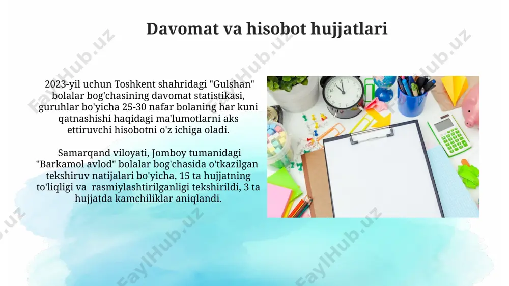 'nalish, jumladan, bolalar rivojlanishi va ta'lim sifatini oshirish bo'yicha aniq ko'rsatkichlar va maqsadlar belgilab qo'yilgan. samarqand viloyati, jomboy tumanidagi "barkamol avlod" bolalar bog'chasi direktorining oylik hisobotlari, 30 dan ortiq o'quvchilarning rivojlanish dinamikasini aks ettiruvchi jadvallar va grafikalar bilan to'ldirilgan. arxiviy hujjatlar андижон вилоятидаги 7-сонли мактабгача таълим муассасасининг архив фондида 2018-2020 йиллар давридаги 15 та ўқув дастури ва 500 дан ортиқ фотосуратлар сақланмоқда. архивдаги 2022-2023 ўқув йилига оид 50 дан ортиқ тарбиячиларнинг иш режалари, тошкент шаҳридаги 15-сонли боғчанинг ҳужжатлари билан бирга сақланади. xavfsizlik texnikasi bo'yicha hujjatlar samarqand viloyati bog‘chalarida o‘tkazilgan tekshiruvlar natijasida 15 ta muassasaning xavfsizlik texnikasi bo‘yicha hujjatlarida kamchiliklar aniqlangan bo‘lib, ularni bartaraf etish muddati 2024-yilning 1-martiga belgilangan. maktabgacha ta’lim muassasasining 5 yoshgacha bo‘lgan bolalar uchun xavfsizlik choralari rejasi (2 nusxada), shuningdek, favqulodda vaziyatlar uchun 112 raqamiga qo‘ng‘iroq qilish bo‘yicha batafsil ko‘rsatmalar mavjud. metodik hujjatlar методик кўрсатмалар самарқанд шаҳридаги 15 та боғчанинг 10 йиллик тажрибасига асосланган бўлиб, унда 3-5 ёшли …