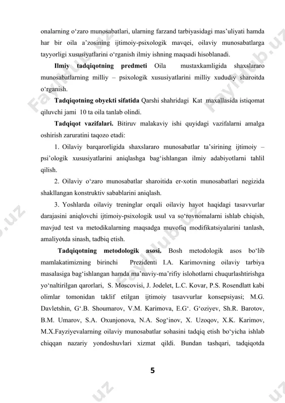 bitiruv malakaviy ishida oila barqarorligida shaxslararo munosabatlar ta’sirining ijtimoiy – psixologik xususiyatlari tadqiqot predmeti sifatida tanlab olindi; 1) ilk marotaba “ota-ona – farzand” munosabatlari tarkibida ota-ona-lik ustanovkalari bolalardagi oilaga nisbatan ijtimoiy ustanovkaning darajasi bog‘liq ravishda tahlil etildi; 2) yoshlar shaxsining shakllanish bosqichlarida oilaviy munosabatlarda shaxslararo munosabatlarning o‘ziga xosligi aniqlandi. tadqiqotning nazariy ahamiyati. tadqiqotning nazariy ahamiyati shundaki, unda qo‘lga kiritilgan ilmiy tahlillar va xulosalar “psixologiya” fanining “ijtimoiy psixologiya”, “etnopsixologiya”, “shaxslararo munosabatlar psixologiyasi”, “umumiy psixologiya” hamda “oila psixologiyasi” kabi sohalariga oid bilimlarni yanada boyitishga xizmat qiladi. shuningdek, to‘plangan nazariy ma’lumotlar joylardagi oilaviy maslahatlar bo‘lim-laridagi amaliy psixologlarga psixokorreksion - tuzatish dasturlarini ishlab chiqishda nazariy asos bo‘lib xizmat qilishi mumkin. tadqiqot natijalarining ilmiy va amaliy ahamiyati. tadqiqotda qo‘lga kiritilgan ilmiy xulosa va tavsiyalardan joylarda tashkil etilgan “psixologik xizmat” bo‘limlaridagi amaliy psixologlar faoliyatida foydalanish mumkin. shuningdek, nazariy xulosalardan “oila psixologiyasi”, “etnopsixologiya” kurslarini o‘qitishda, ota-ona va yoshlarga amaliy maslahat berishda, keng jamoatchilik, aholi o‘rtasida ijtimoiy-psixologik bilimlarni …