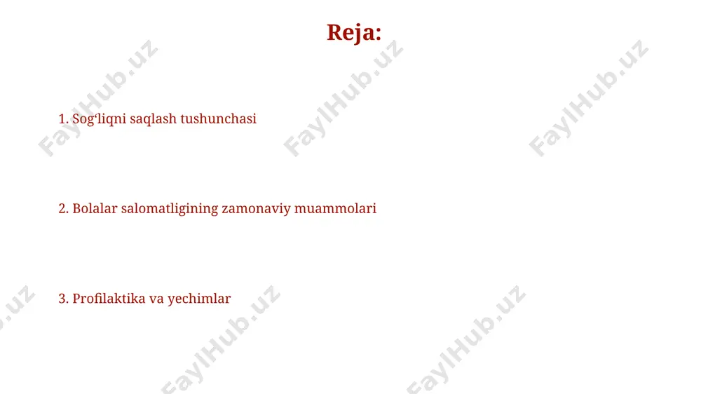 dehlida va nyu-yorkda yashaydi, bu nafas olish kasalliklari xavfini oshiradi. o'zbekistonning qishloq hududlarida 5 yoshgacha bo'lgan bolalarning 30 foizi toza ichimlik suvi yetishmasligidan aziyat chekadi, bu ichak infektsiyalarining yuqori tarqalishining asosiy sabablaridan biri hisoblanadi. sogʻlom turmush tarzini shakllantirish bolalar sog'lig'ini yaxshilash uchun, namangan viloyatida amalga oshirilgan tadqiqotlar shuni ko'rsatdiki, 1000 ta bola orasida 30% i uyqusizlik muammosiga duch keladi, shuning uchun kunlik 8-10 soatlik uyqu rejimini o'rnatish zarur. o'zbekistonning qishloq hududlarida, masalan, samarqand viloyatida, bolalarning to'g'ri ovqatlanishini ta'minlash uchun 5 ta asosiy oziq-ovqat guruhiga asoslangan ta'lim dasturlari samaradorligini oshirish muhim. bolalar ruhiy salomatligi o'zbekistonning 2022 yildagi milliy hisobotlariga ko'ra, 10-14 yoshli bolalarning 30 foizi kayfiyat buzilishi va stress bilan bog'liq muammolarni boshdan kechirmoqda, bu esa maktabdagi o'qish samaradorligiga va ijtimoiy moslashuviga salbiy ta'sir ko'rsatmoqda. samarqand viloyatida o'tkazilgan tadqiqotlar shuni ko'rsatdiki, 5-9 yoshli bolalarning 25% da oilaviy nizolar va zo'ravonlik tufayli uyqusizlik va tashvish kabi ruhiy salomatlik muammolari kuzatilgan. e'tiboringiz uchun …