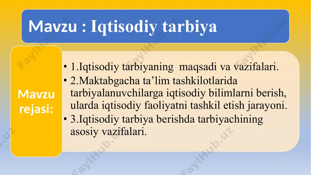 ir. undan dunyoni o‘rganish, o‘zgartirish, shaxsiy manfaat, el-yurt xizmati va mehnat samaradorligini oshirish borasidagi faoliyatlarda foydalanish mumkin. shu sababli ham u qadrlidir. tarixiy voqealardan foydalanish iqtisodiy tarbiya berishning samarador­ligini oshiradi va tarbiyalanuvchilar ma’naviyatini yuksaltirishga yordam beradi. tejamkorlik tarbiyasi mehnat, axloqiy va iqtisodiy tarbiyalaming muhim asosi hisoblanadi. shu sababli ham tarbiyalanuvchilarga iqtisodiy tar­biya berishda, o‘gitlar va hikmatlardan foydalanib, ularni tahlil qilib borilsa, iqtisodiy tarbiya samarali kechadi. 1.iqtisodiy islohotlar hech qachon siyosat ta’siri ostida bo‘lmasligi kerak. bu iqtisodiyot siyosatdan ustun turishi kerakligini bildiradi. ham ichki, ham tashqi iqtisodiy munosabatlarning mafkuradan xoli bo‘lishini ta’minlash kerak. 2. davlat bosh islohotchi sifatida namoyon bo‘lishi darkor. u ustunlikni belgilashi, o‘zgarishlar siyosatini ishlab chiqishi va izchillik bilan amalga oshirishi, jaholatparast va mutaasiblar qarshiligini bartaraf etishi lozim. 3. qonunning ustivorligi, qonunga rioya qilish. bu demokratik yo‘l bilan qabul qilingan konstitutsiyani va qonunlarni istisnosiz hamma kishi hurmat qilishi hamda ularga so‘zsiz rioya qilishi kerakligini bildiradi. 4. aholining demografik tuzilishini …